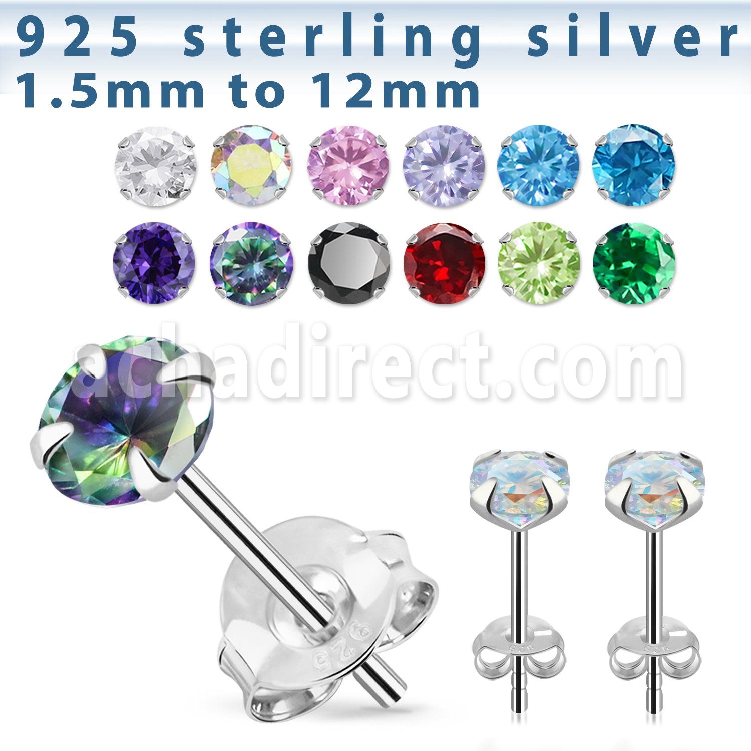 czrdm silver ear studs with round prong set cz stone