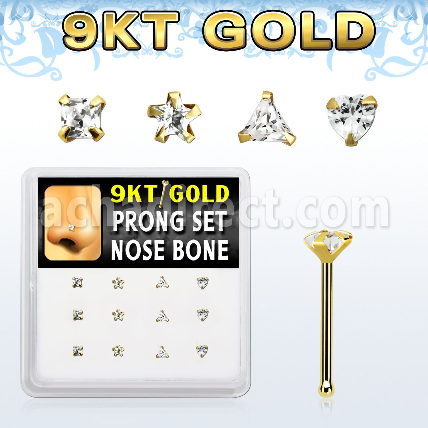 d9gnb13 box w 9kt gold nose bones w czs in mixed shape