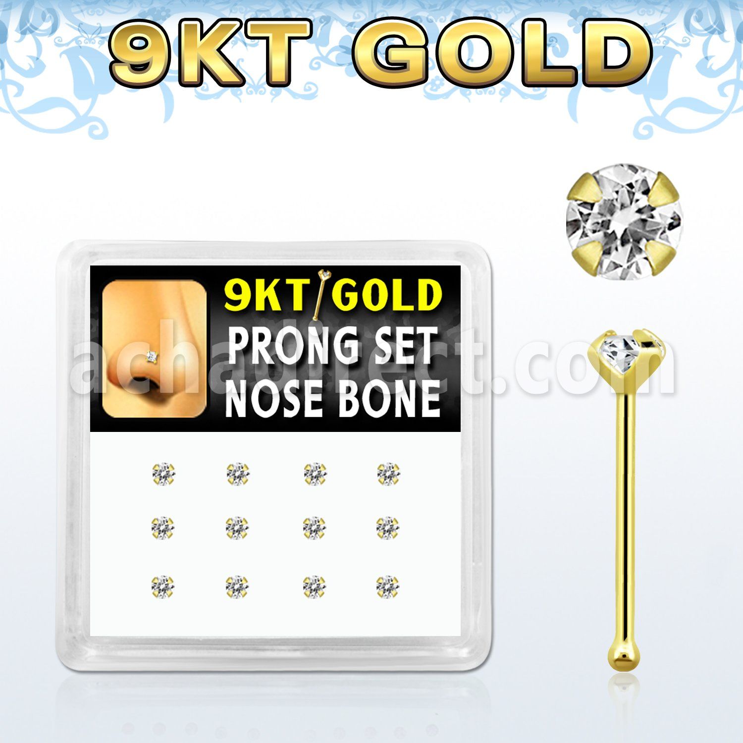 d9gnb19 9kt gold nose bone w 2mm prong set round clear cz stone