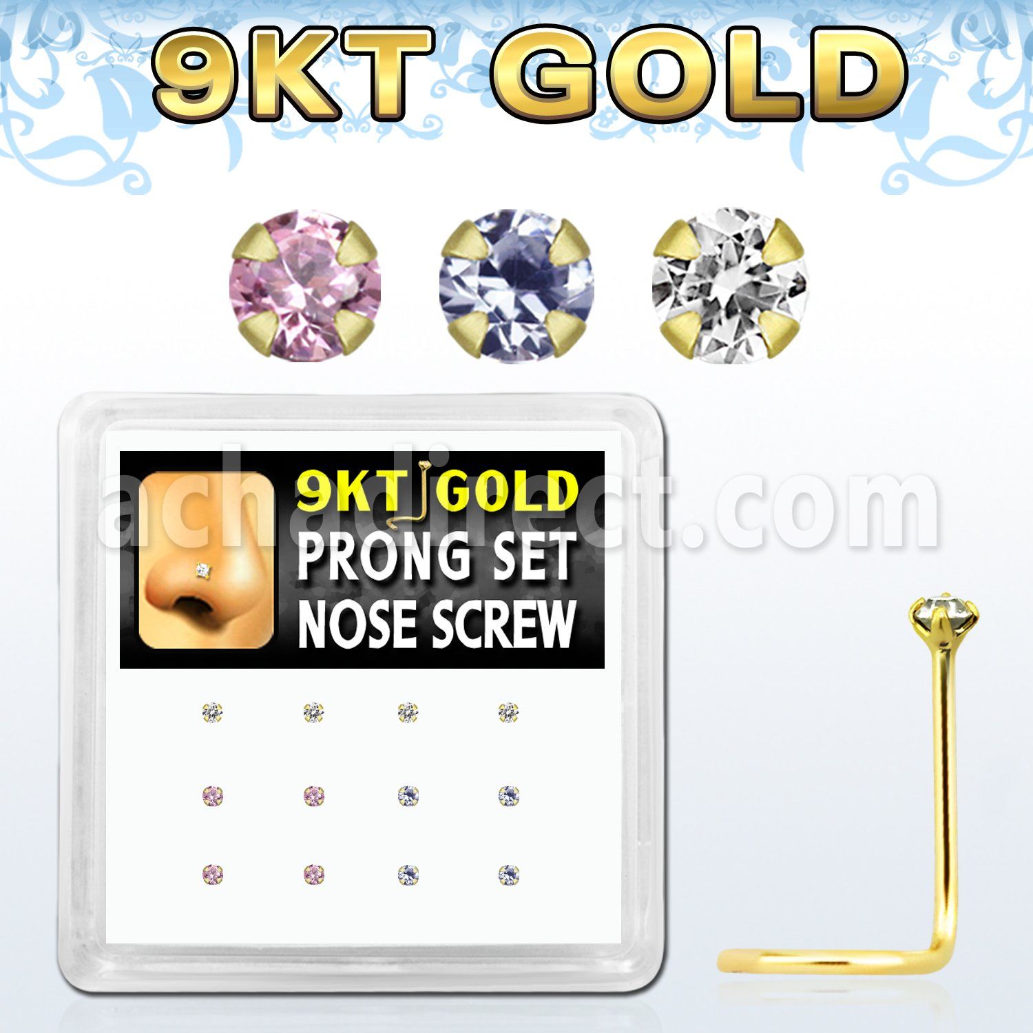 d9gsc2 9kt gold nose screw w 1.5mm prong round mixed cz stone