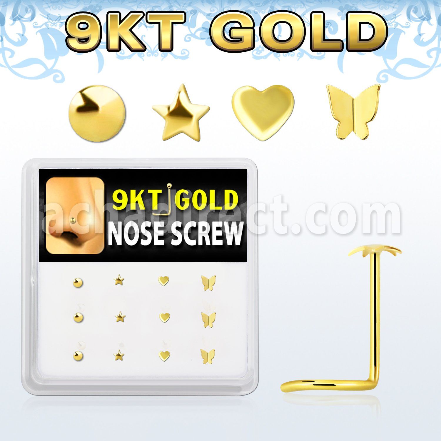 d9gsc4 box w 12 pcs of 9kt gold nose screws w assorted shapes