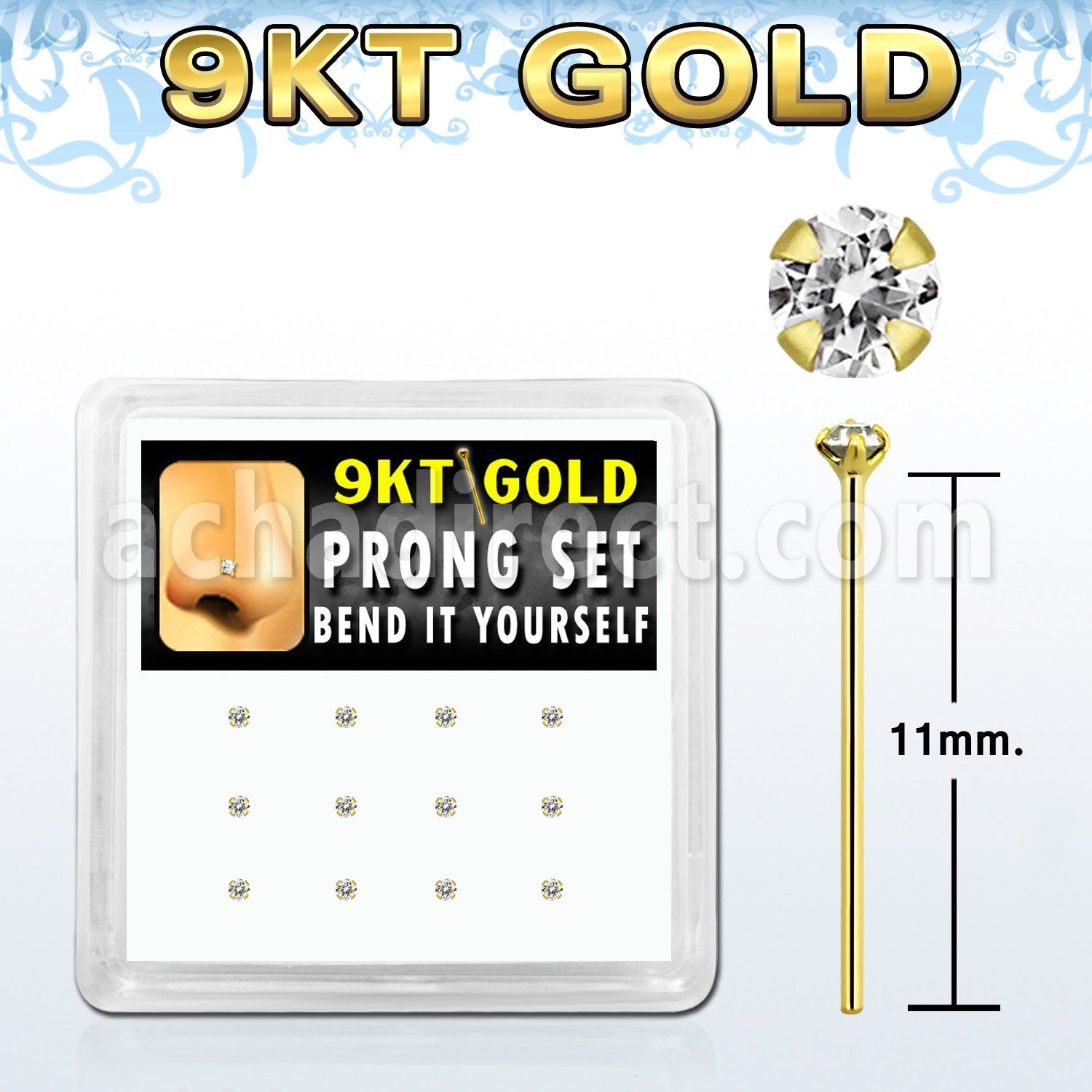 d9gys1 9kt gold bend it nose stud w 1.5mm round clear cz