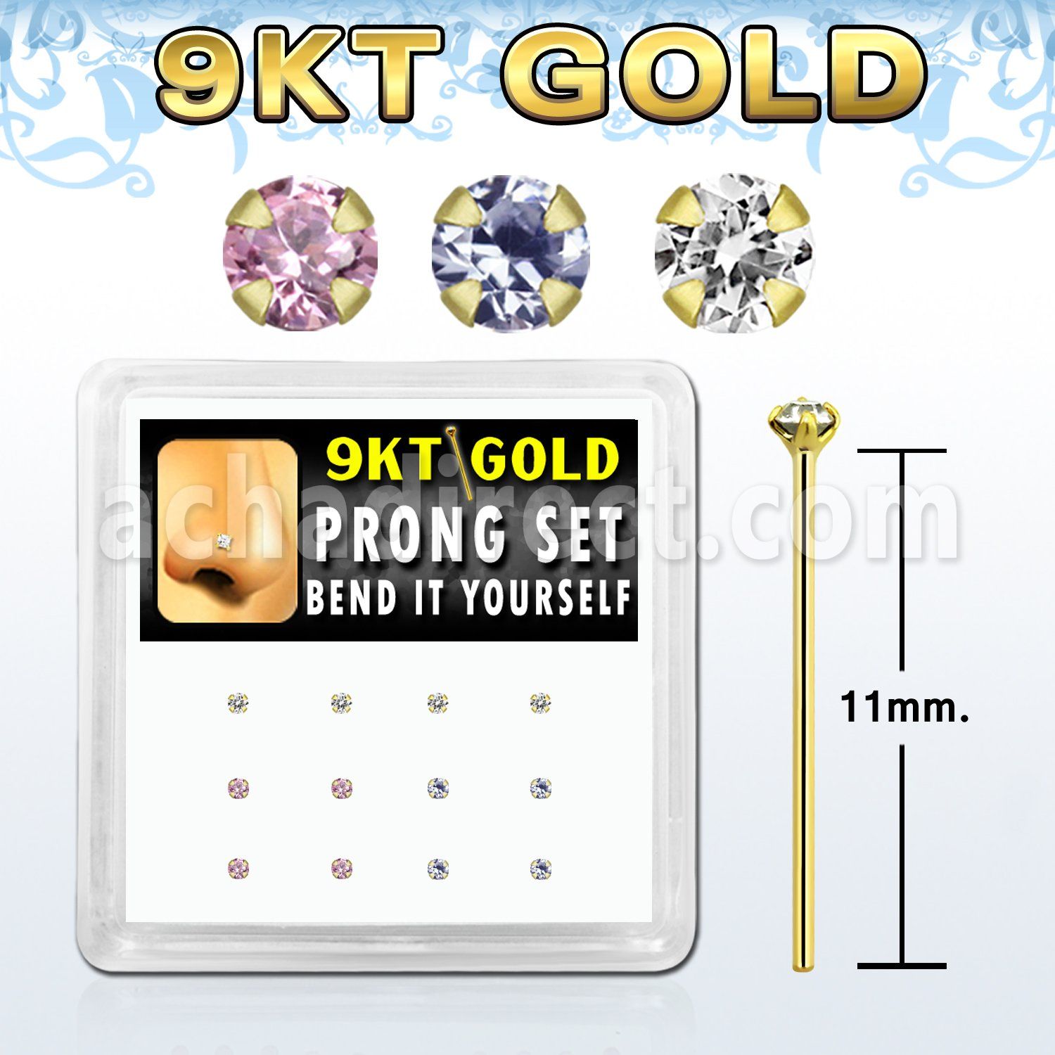 d9gys2 9kt gold bend it nose stud w 1.5mm round mixed cz