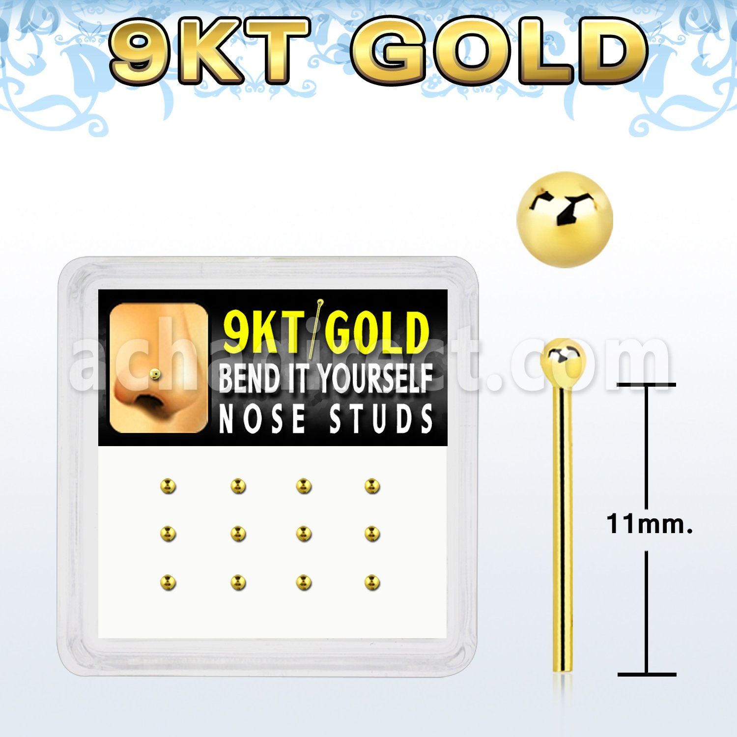 d9gys5 9kt gold bend it nose stud with 1.5mm ball shaped top