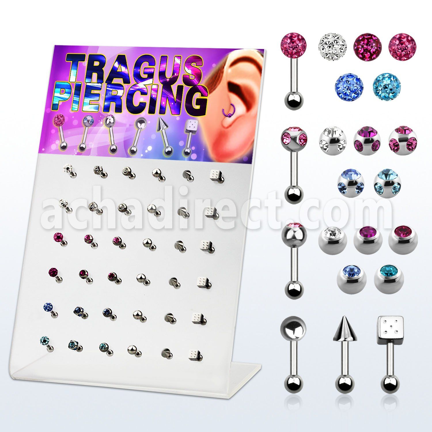 dacb100 board of 316l tragus piercing w top part closure ball