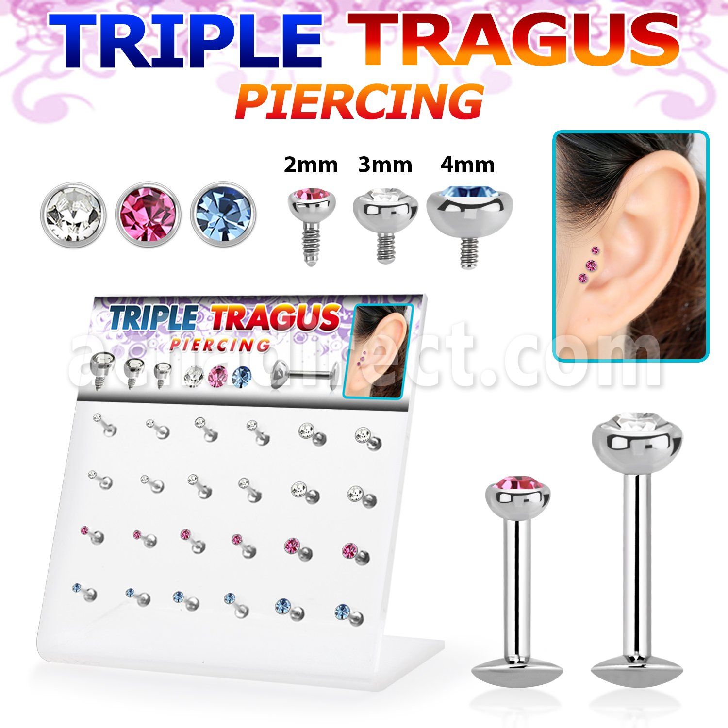 dacb121 316l steel labret w bezel set jewel for tragus piercings