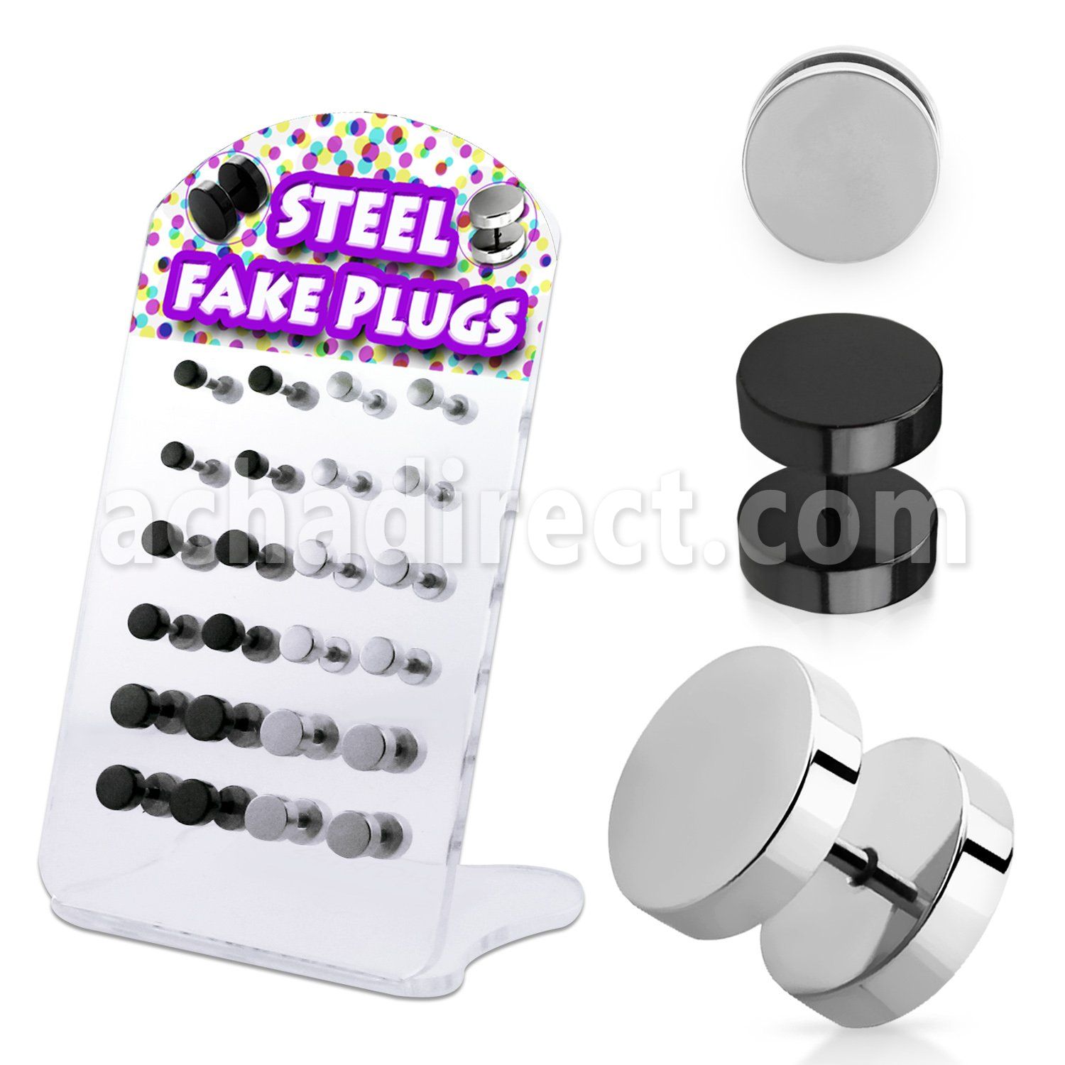 dacb155 display w black and plain steel fake plugs without oring