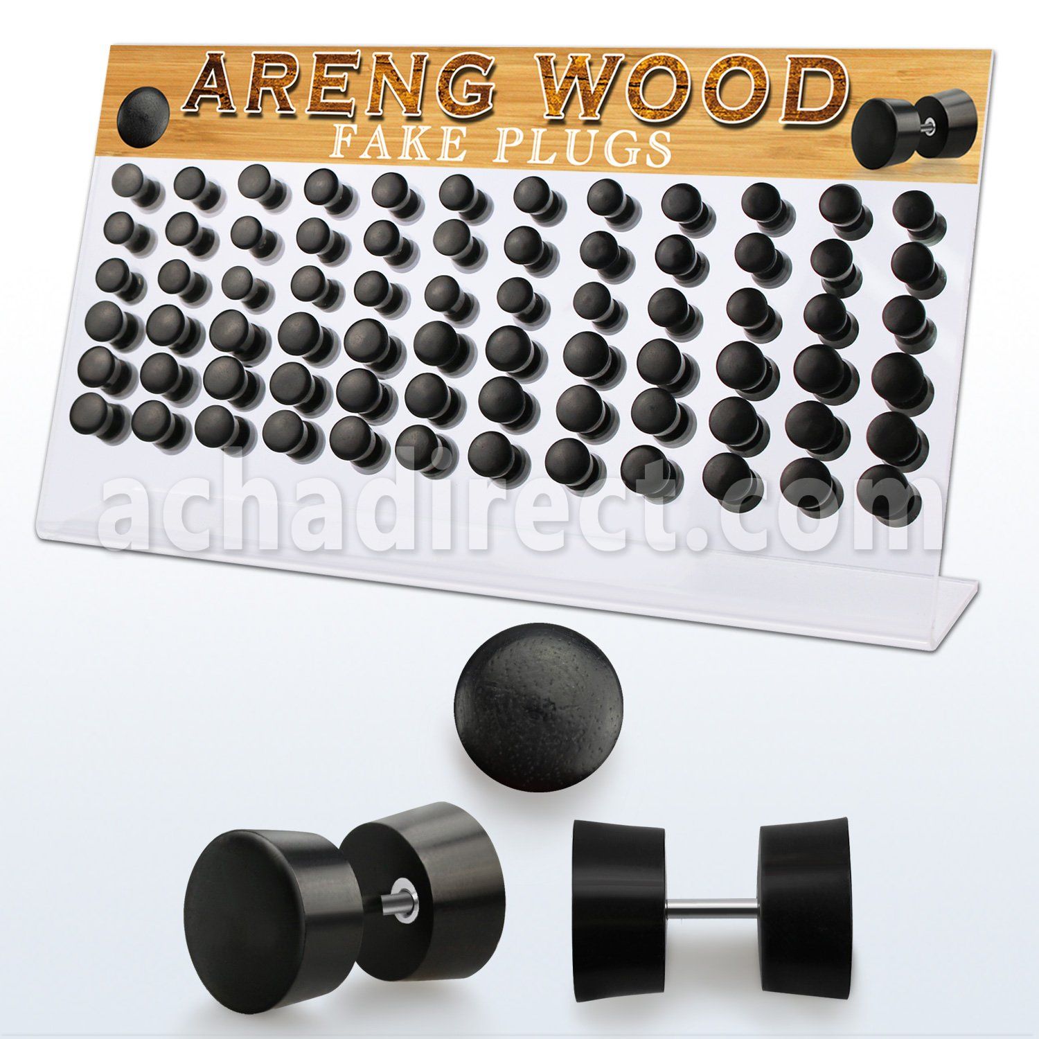 dacb166 display w 72 fake areng wood plugs  size 8mm 10mm