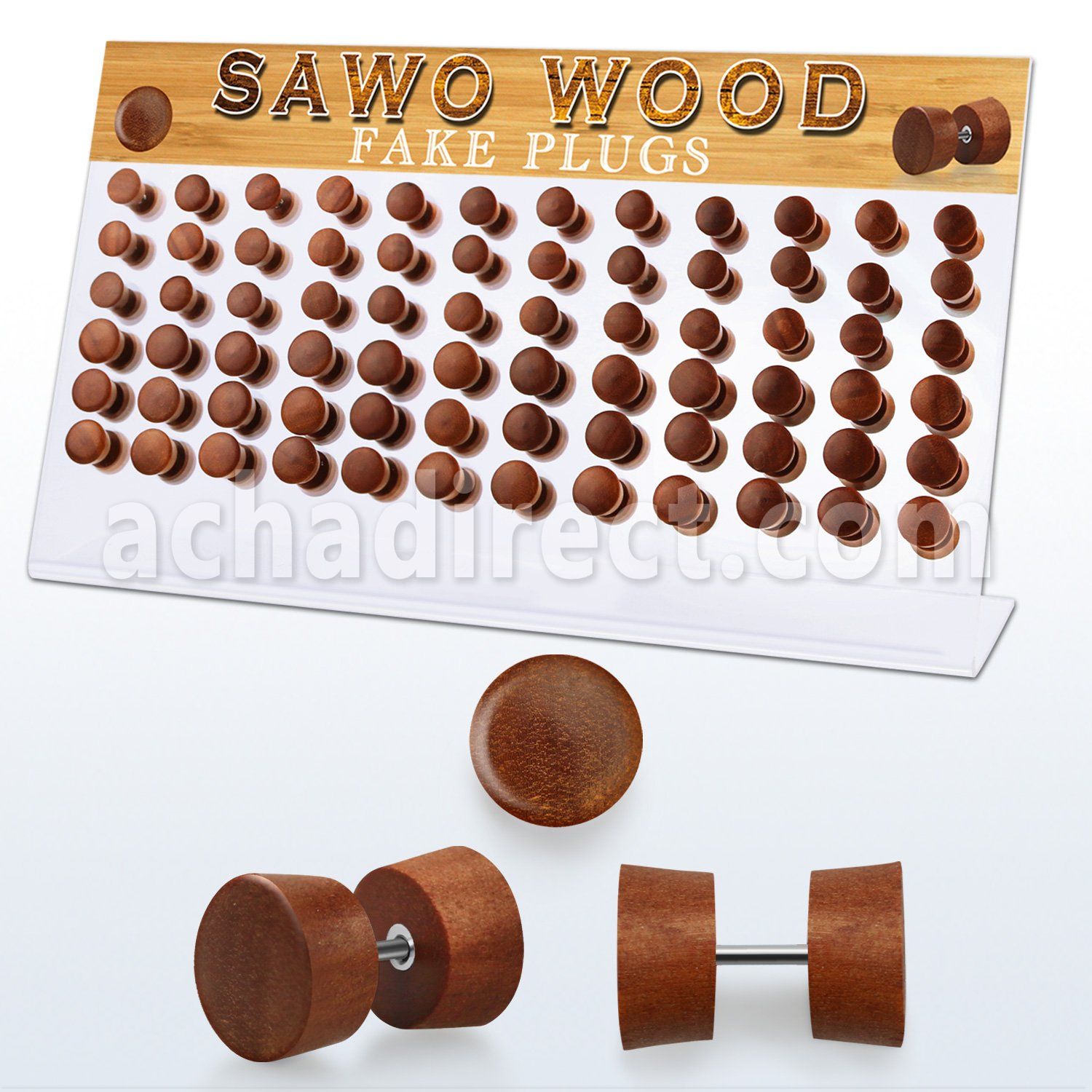 dacb167 display w 72 fake sawo wood plugs  size 8mm 10mm