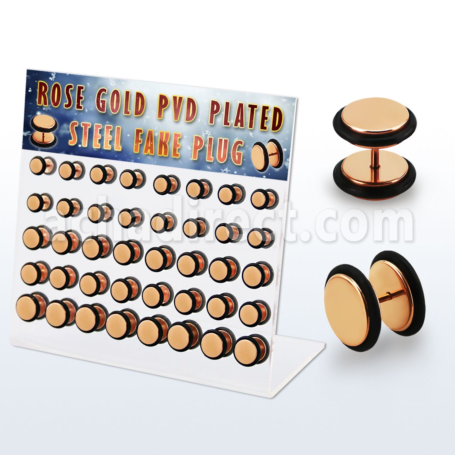 dacb215 display w 40 pcs of rose gold steel fake plug w o ring