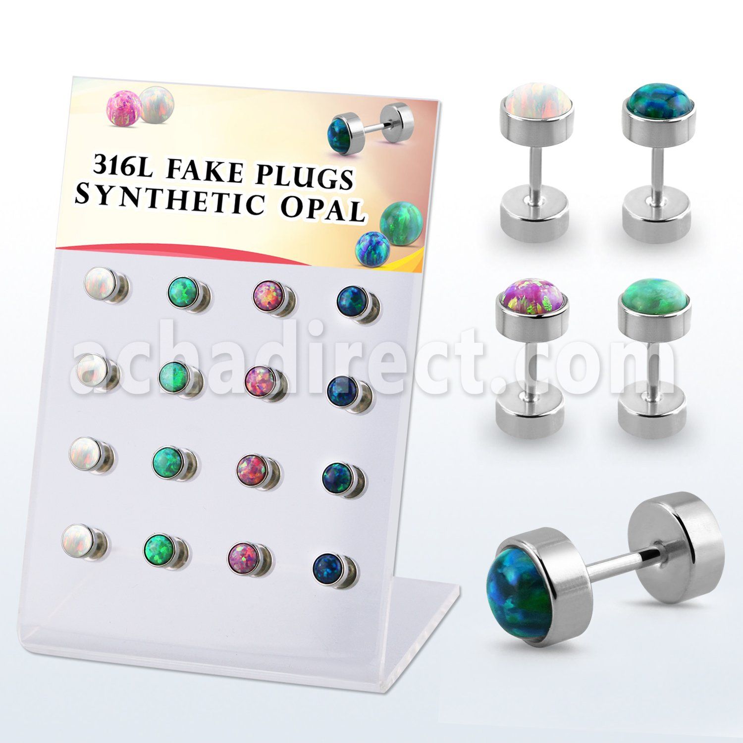 dacb221 display w steel fake plugs with synthetic opal top