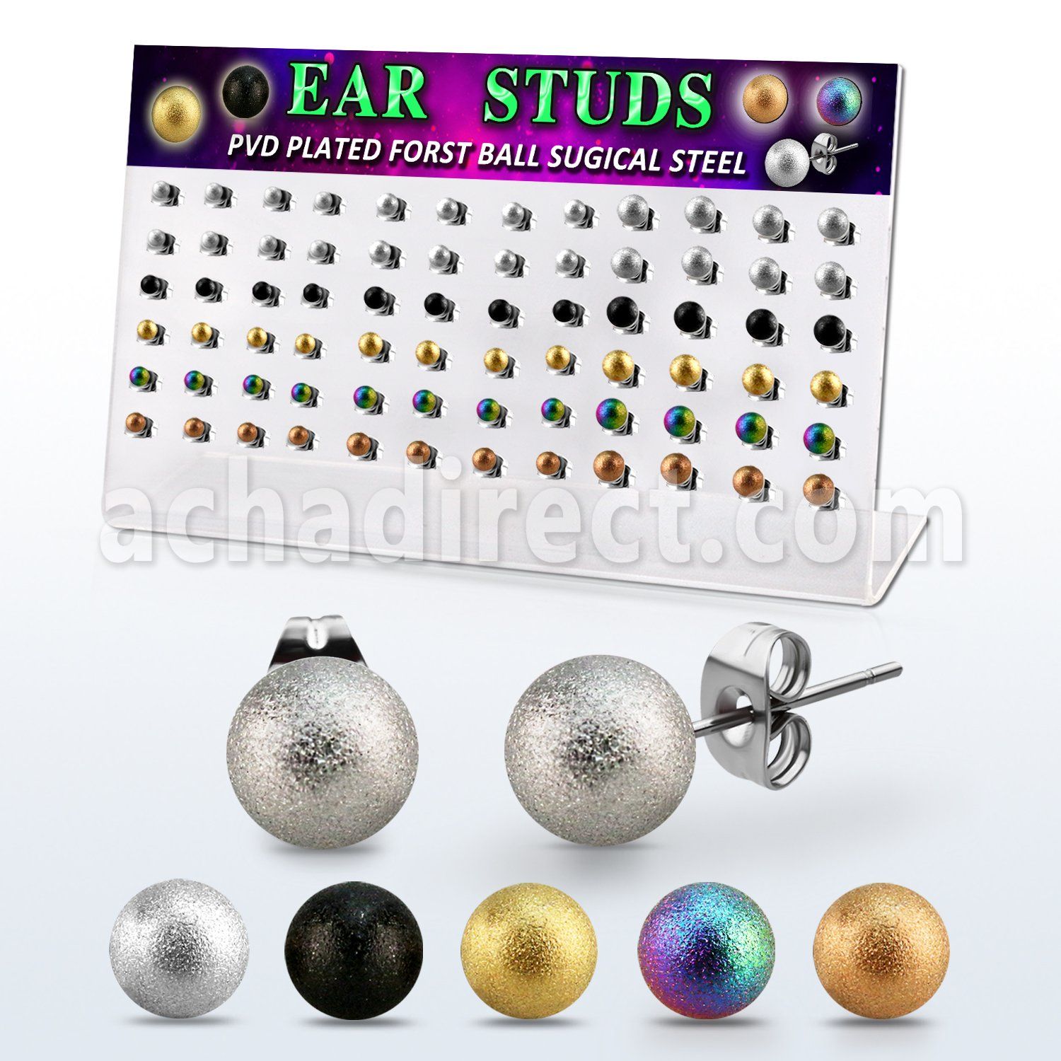 dacb230 display w 36 ball shaped frosted effect steel ear stud