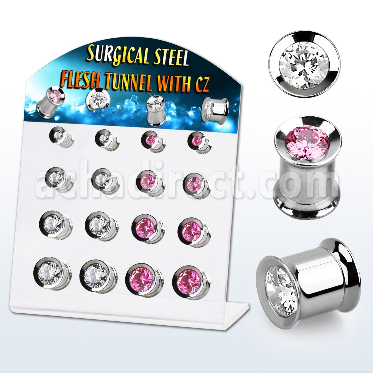 dapg180b display w 16 steel flesh tunnel with big cz stone center