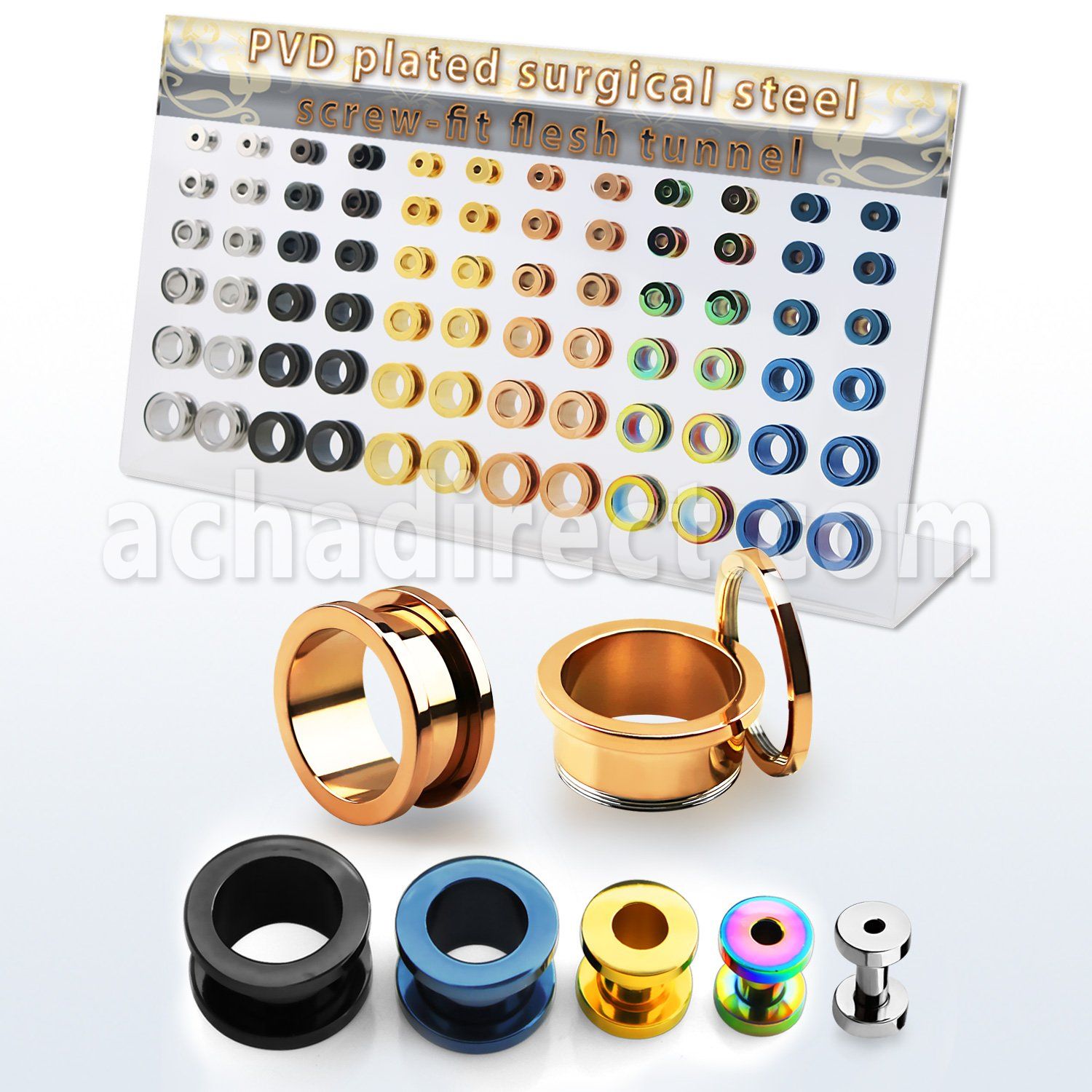 dapg187 display w pvd plated 316l steel screw fit flesh tunnels