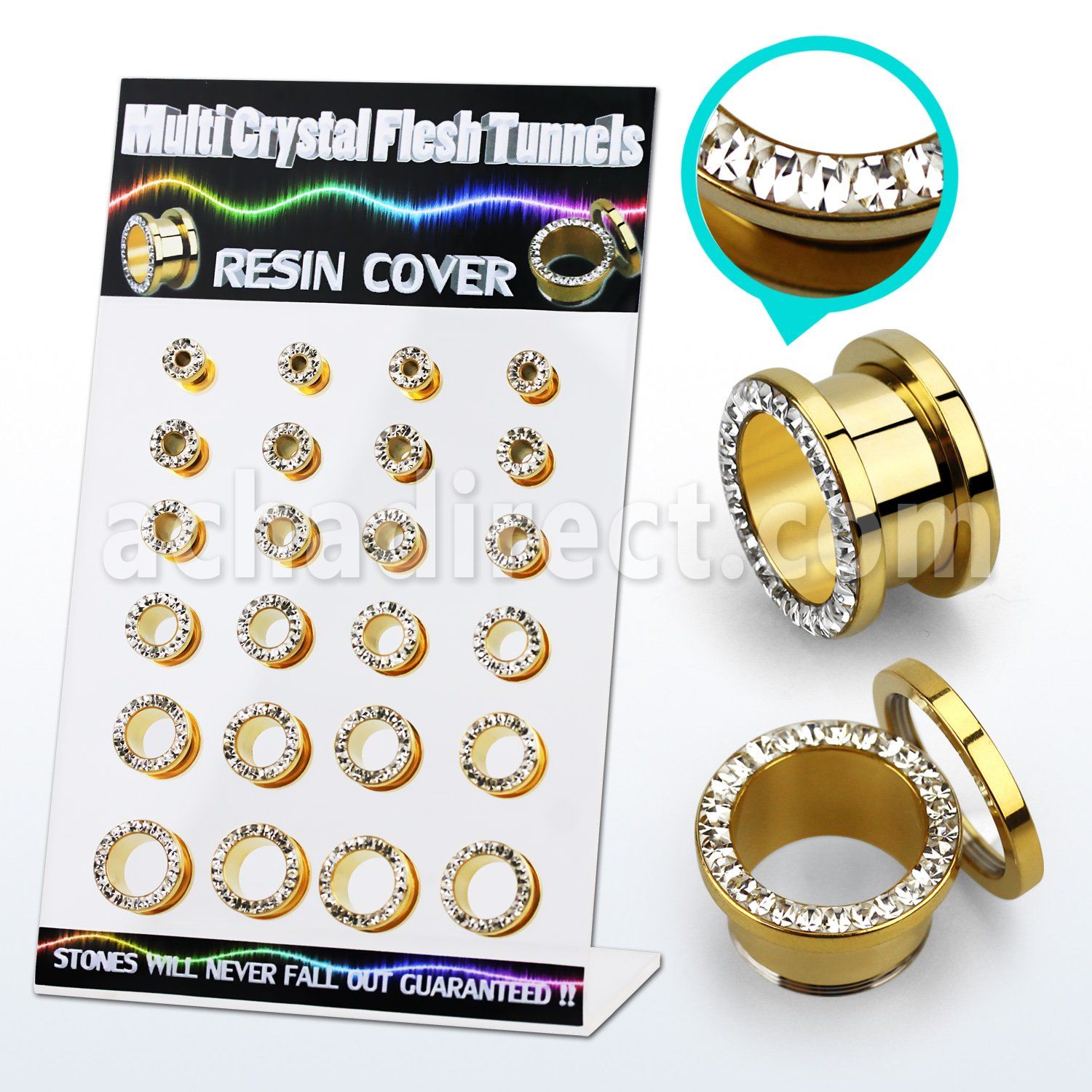 dapg74b gold pvd 316l steel flesh tunnel w ferido multi crystal