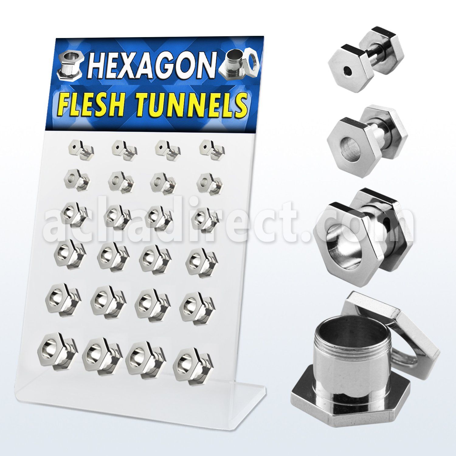 dapg8 board of polished 316l hexagon screwfit flesh tunnel