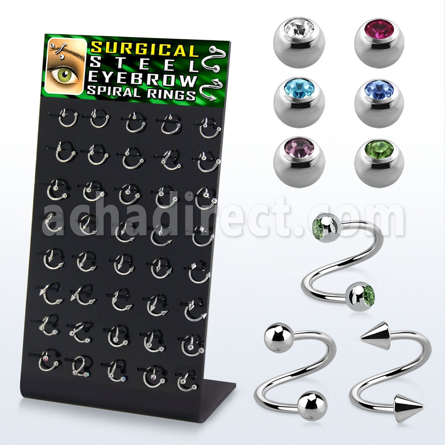 dbjmx3 316l eyebrow spiral with 2 2 5 3mm ball cone jewel