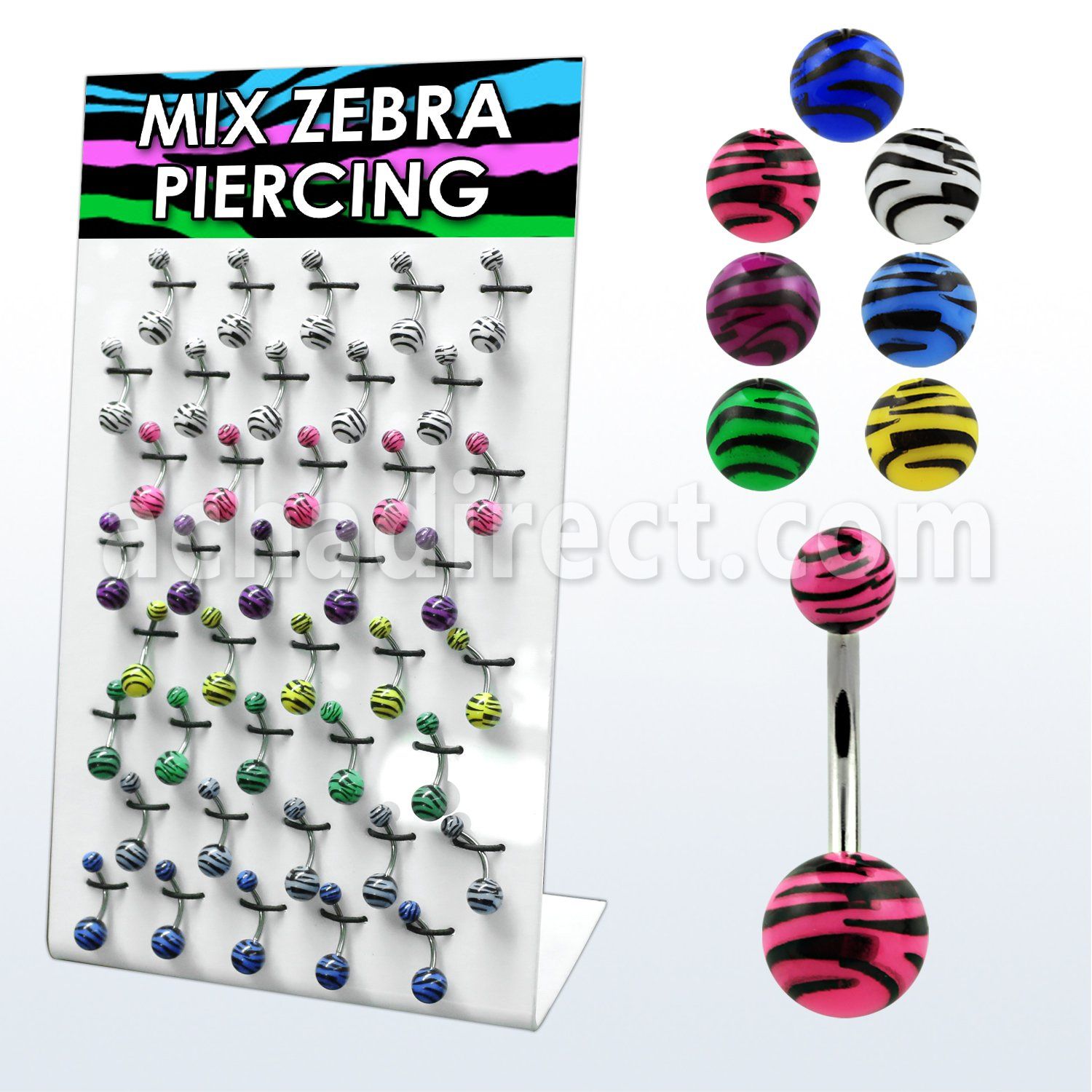 dbndxj stand w 40 pc of steel belly rings w acrylic zebra balls