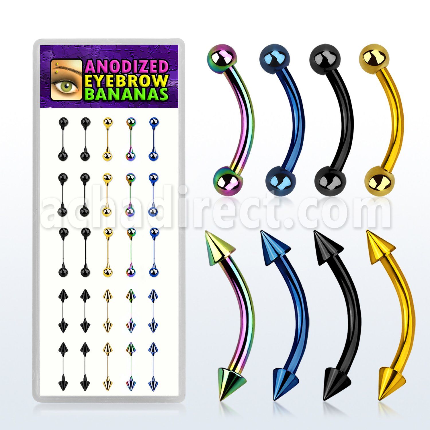 dbnem9 anodized 316l steel eyebrow banana with ball cone