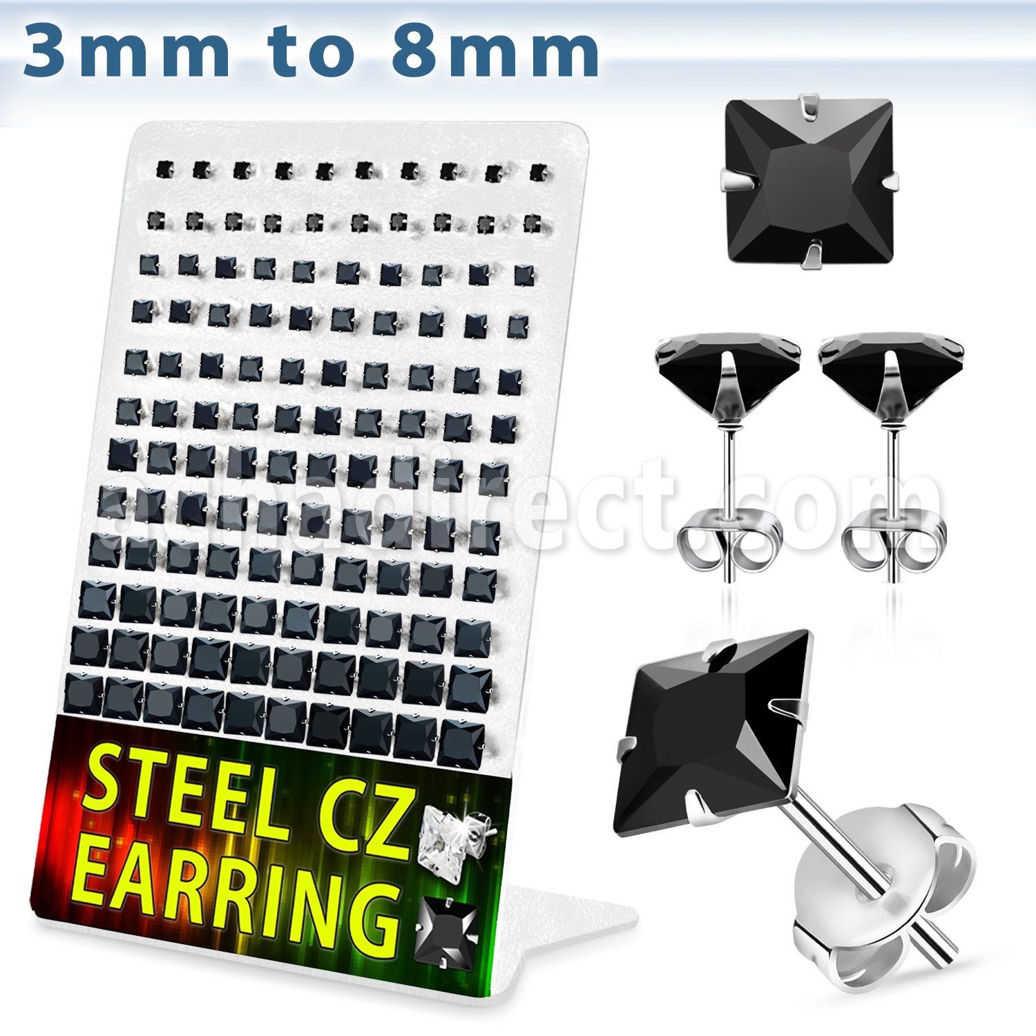 deqzg2 316l steel ear stud w black square prong cz stone