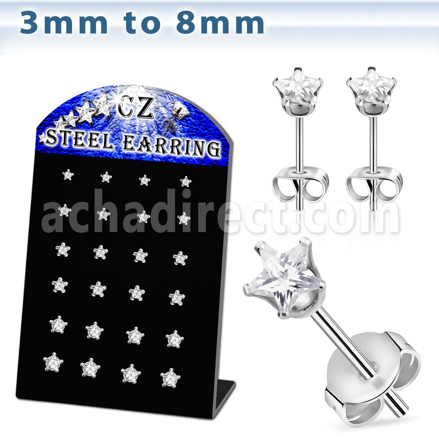 derzst 316l steel earring stud with clear star shaped prong cz