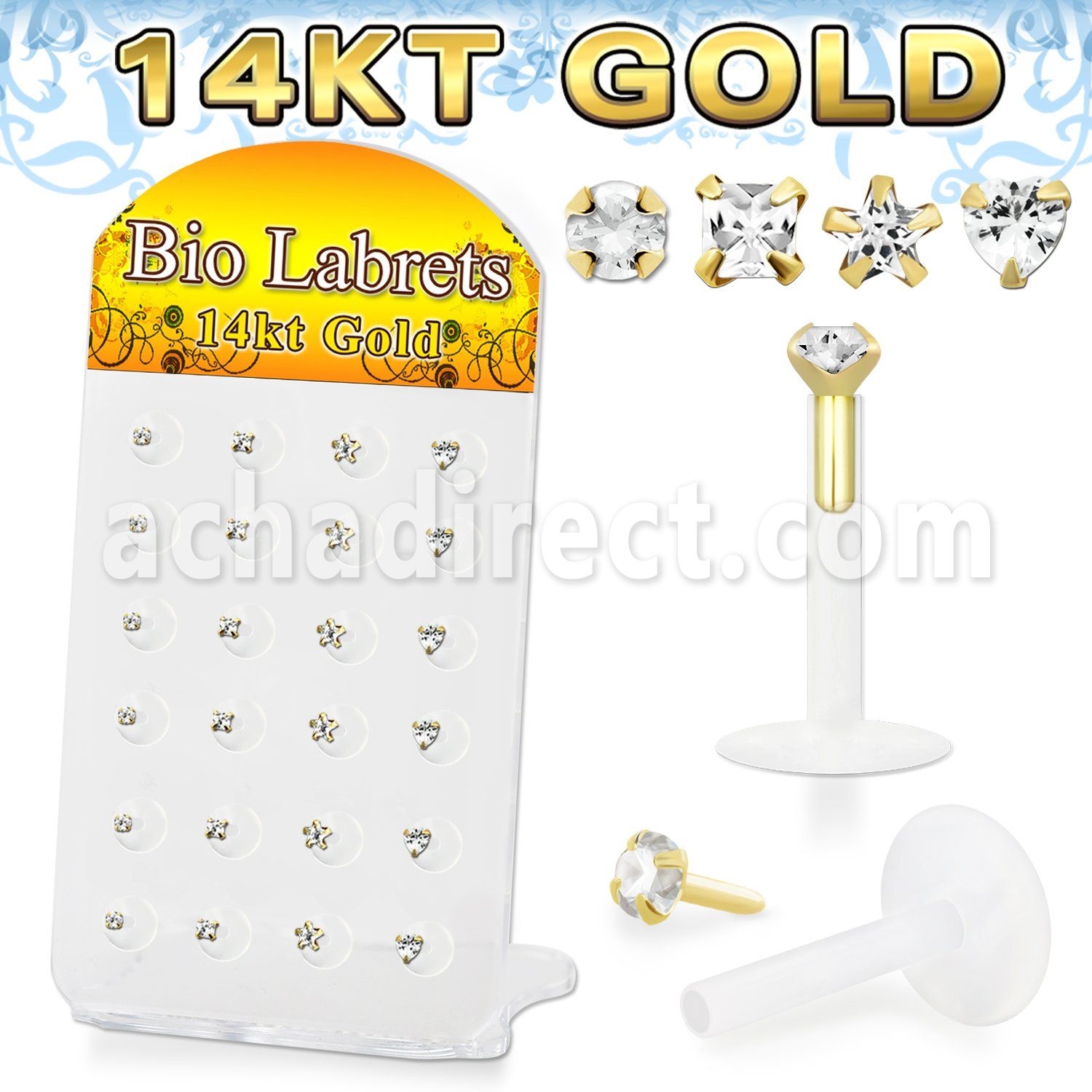 dgbizc bioflex labret w push in 14kt gold top w prong cz