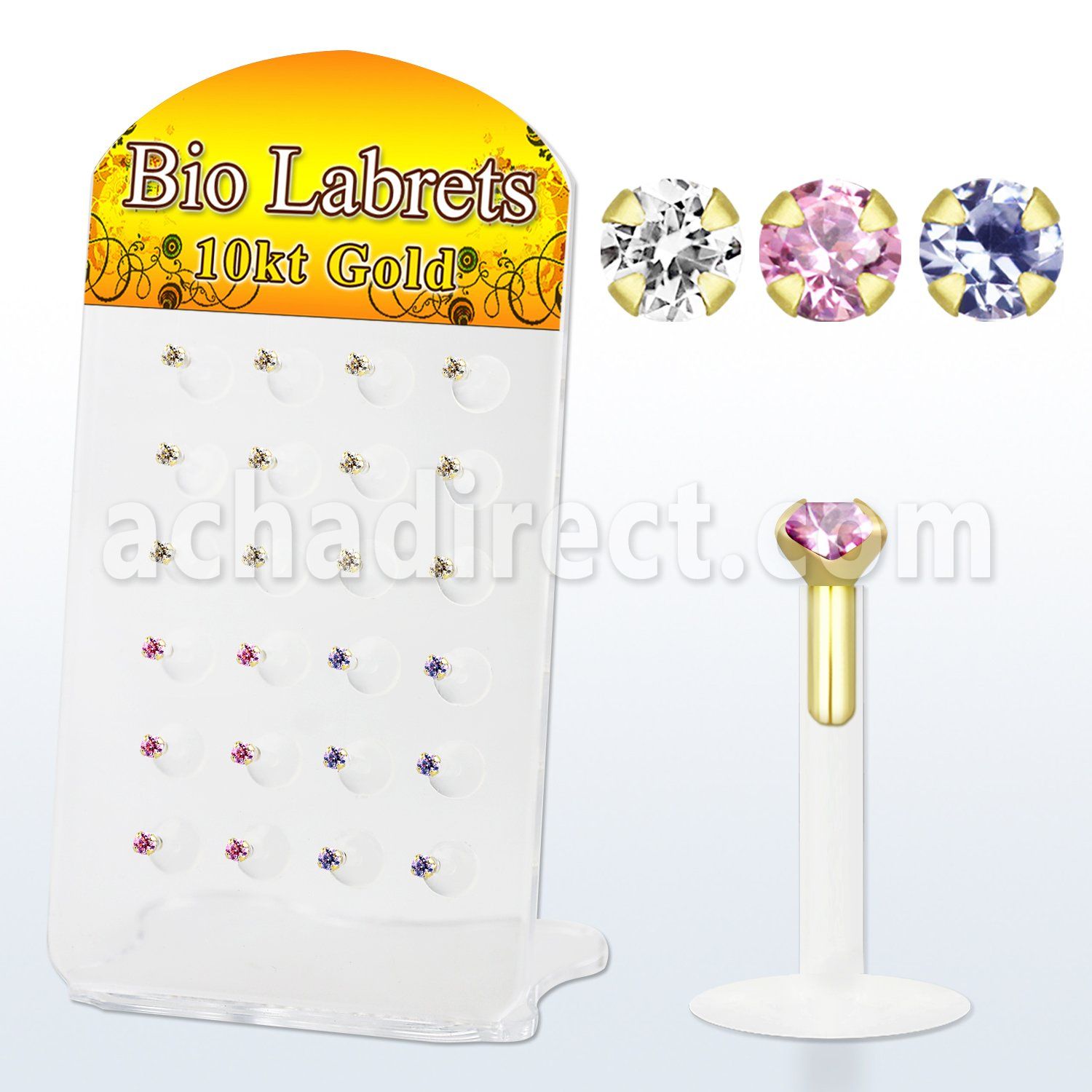 dgibizm bioflex labret with 10kt gold top with prong cz stone