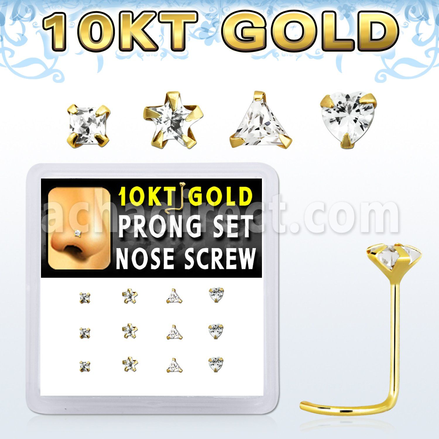 dgisc13 box w 10kt gold nose screws w 3 mm special shape cz tops