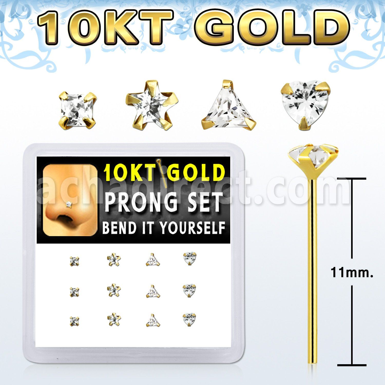 dgiys13 box w 12 10kt gold bend it nose studs w mixed shape czs