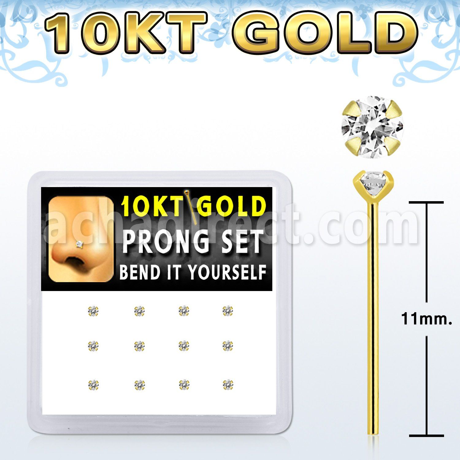 dgiys19 box w 10kt gold bend it nose studs w 2mm prong set czs