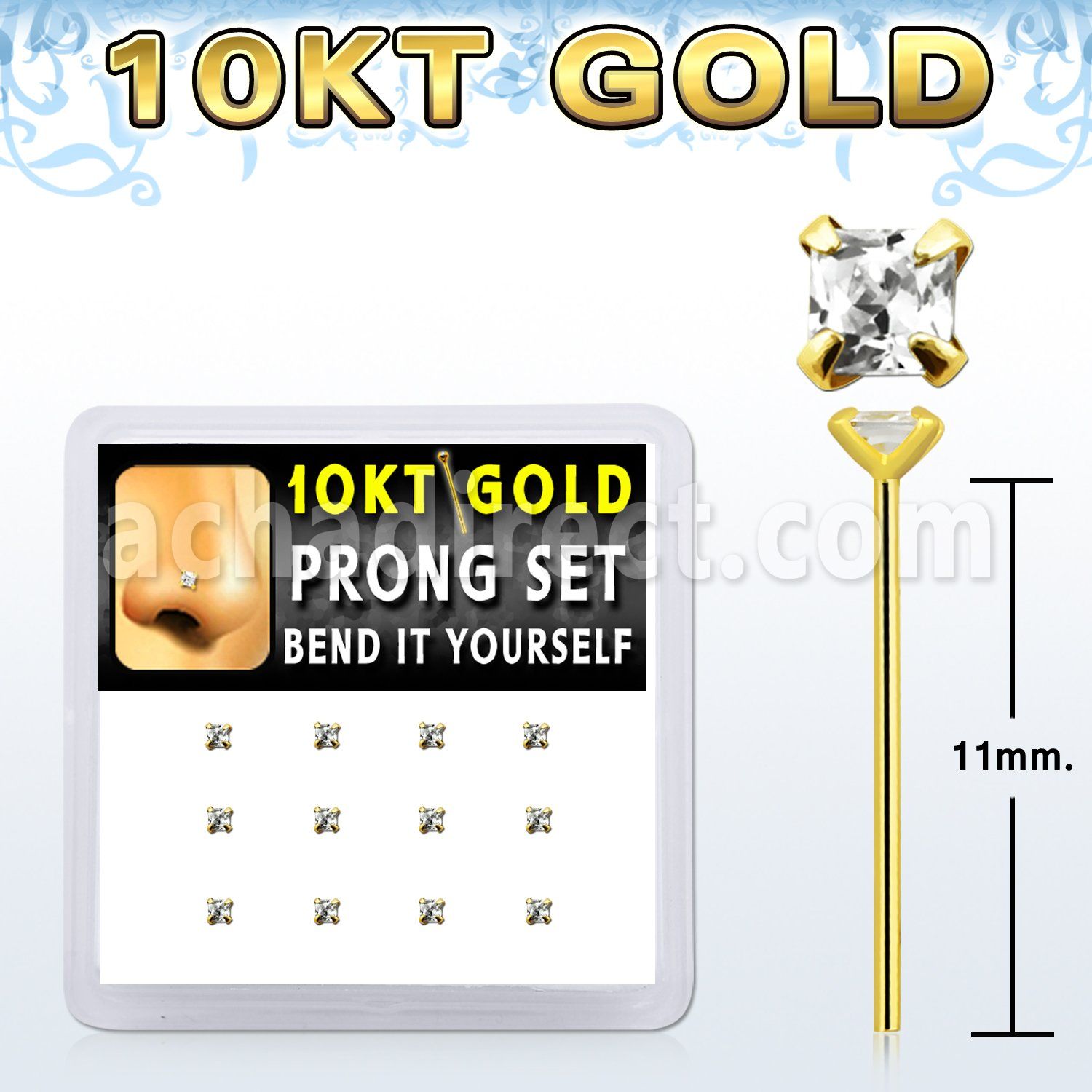 dgiys25 box w 12 10kt gold bend it nose studs w 2mm round czs