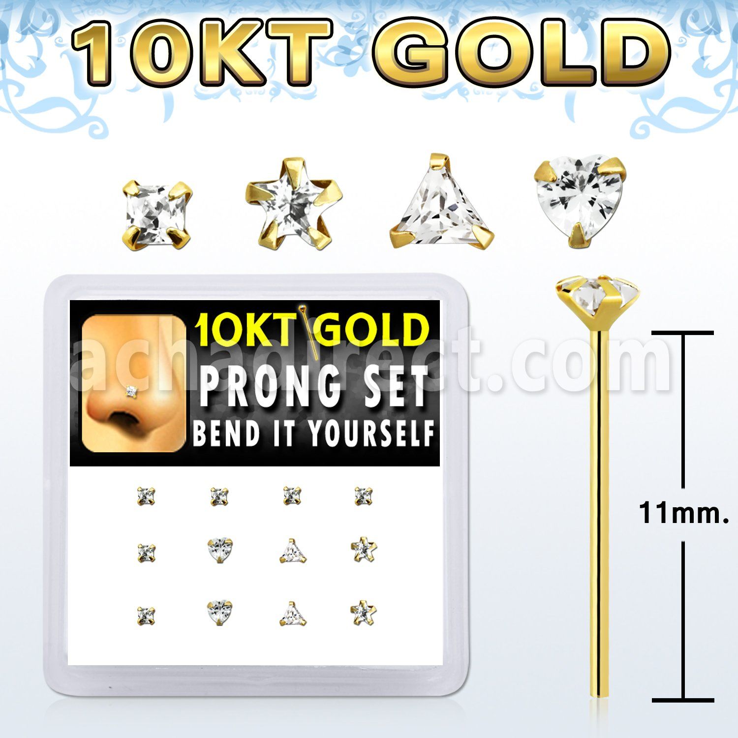 dgiys6 box w 10kt gold nose bend it nose studs cz in mix shape