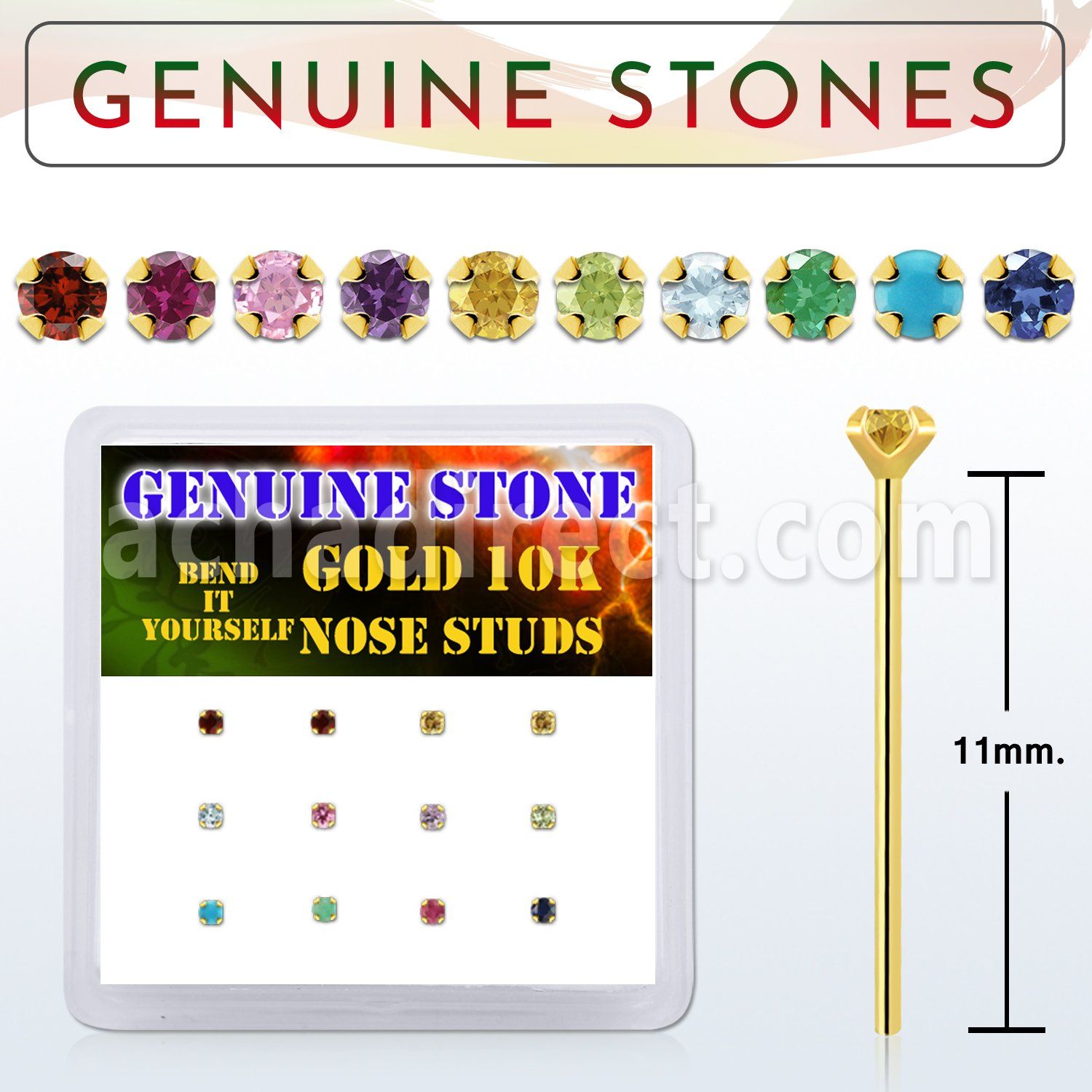 dgiys8 box w 10kt gold bend it nose studs w 2mm real gem stones