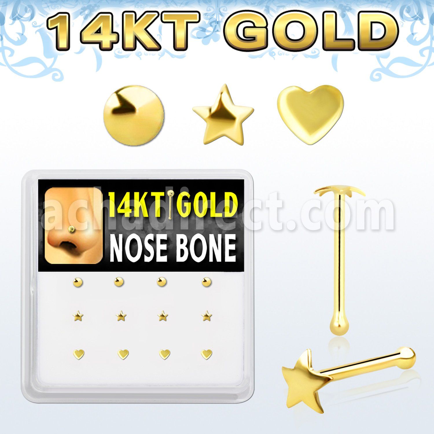 dgnb10 14kt gold nose bone with star heart and disc gold tops