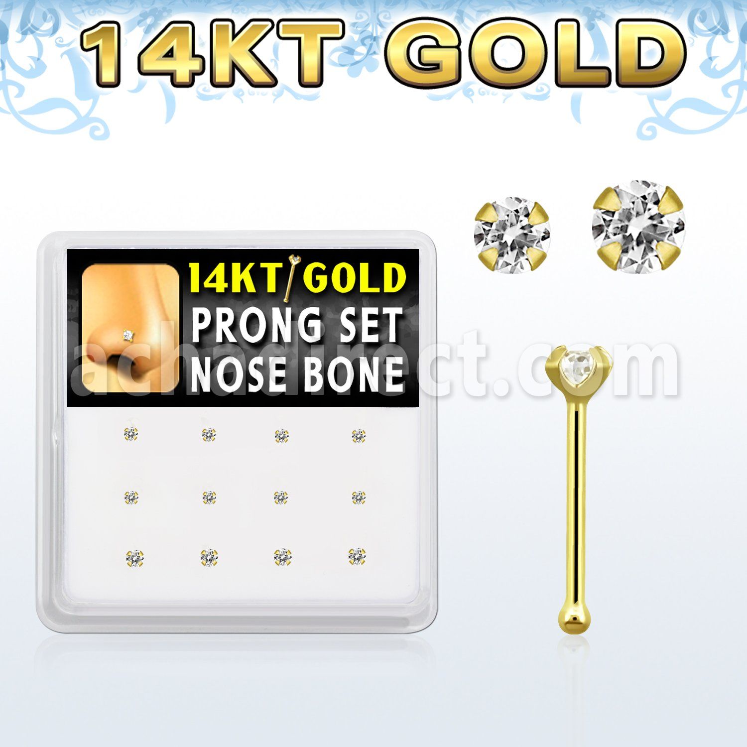dgnb11 box w 14kt gold nose bones w 1 5 2 mm round cz tops