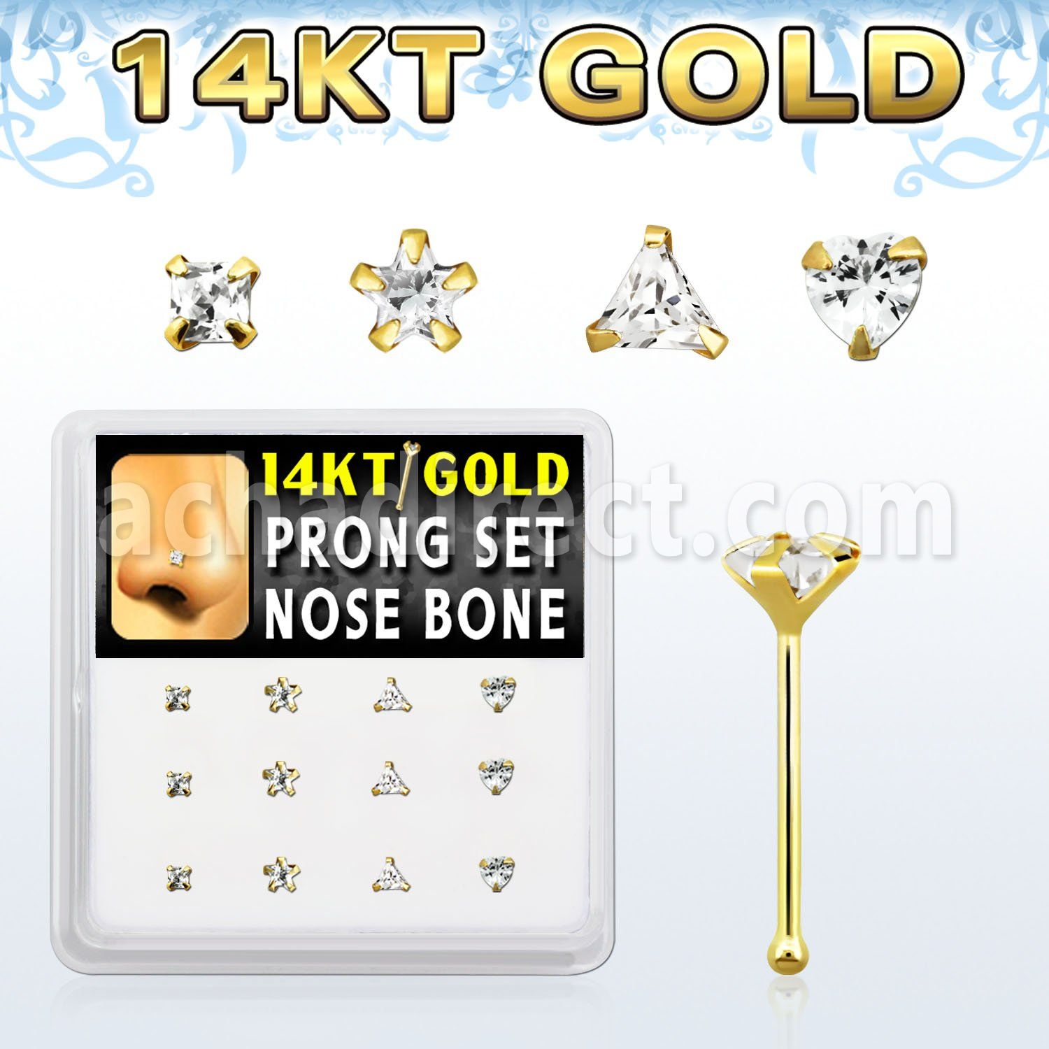 dgnb13 box w 14kt gold nose bones w 3 mm special shape cz tops