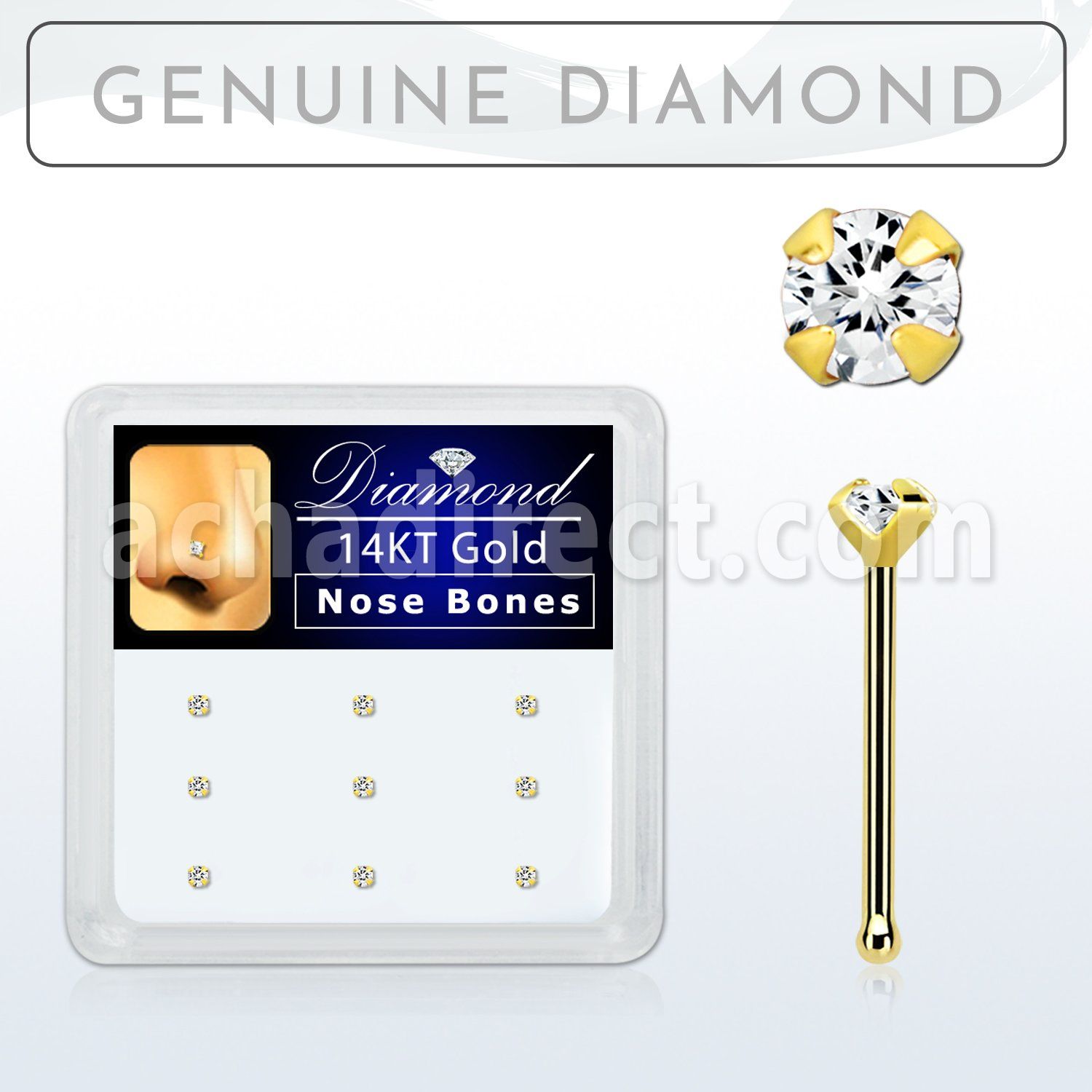 dgnb15 box w 14kt gold nose bones w 1 5 real prong set diamonds