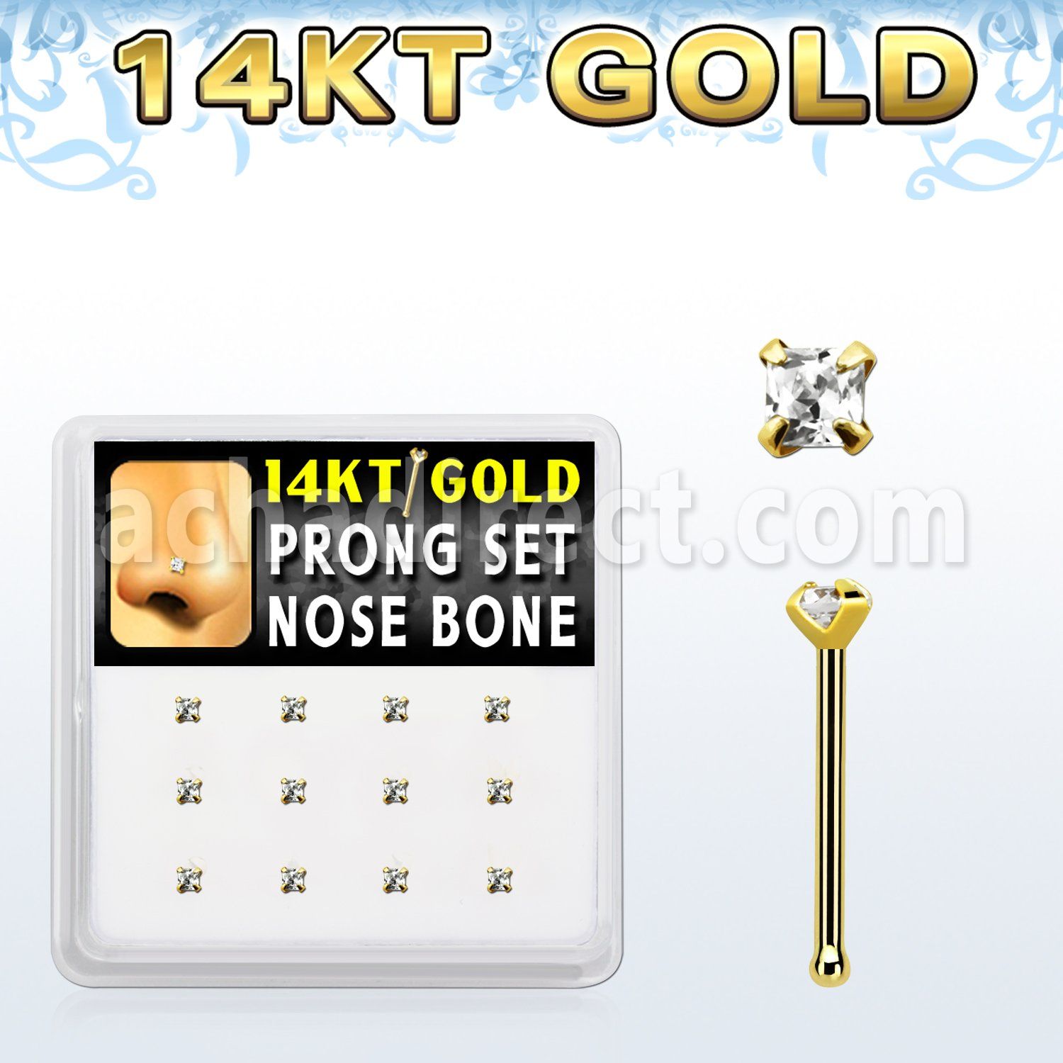 dgnb19 box w 14kt gold nose bones w prong set 2mm square cz 