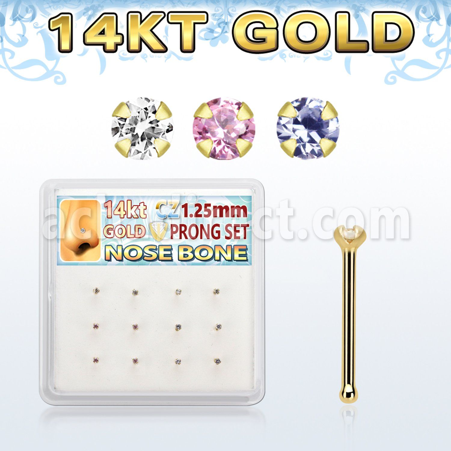 dgnb23 box w 14kt gold nose bones w 1.25mm round cz 