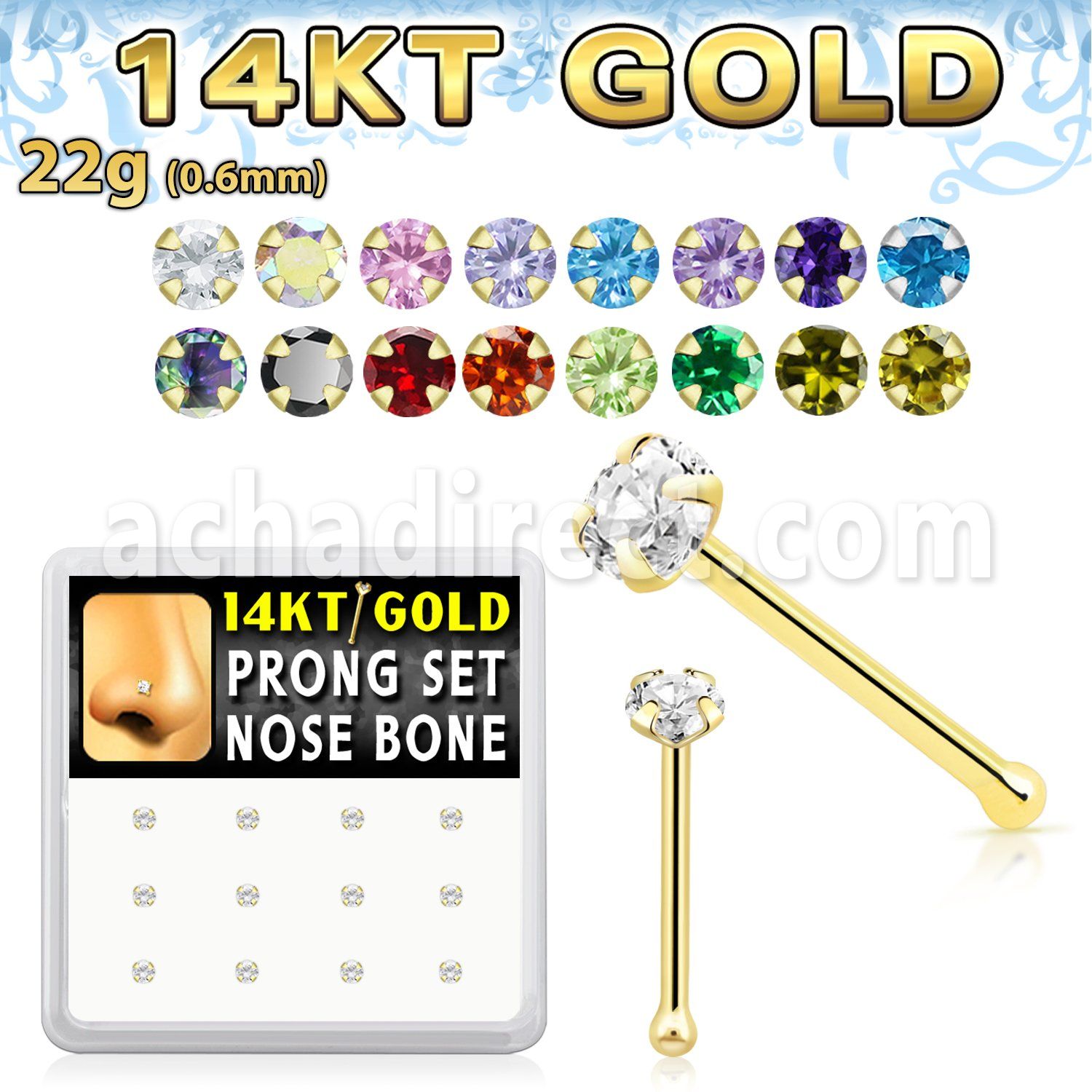 dgnb6 14kt gold nose bone with 2mm prong clear round cz stone
