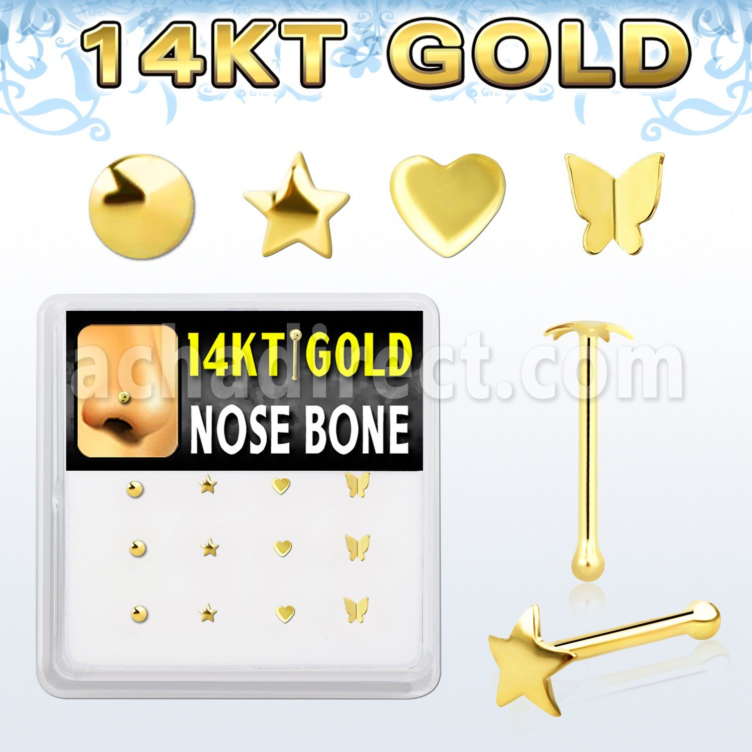 dgnb9 14kt gold nose bone with assorted shaped tops