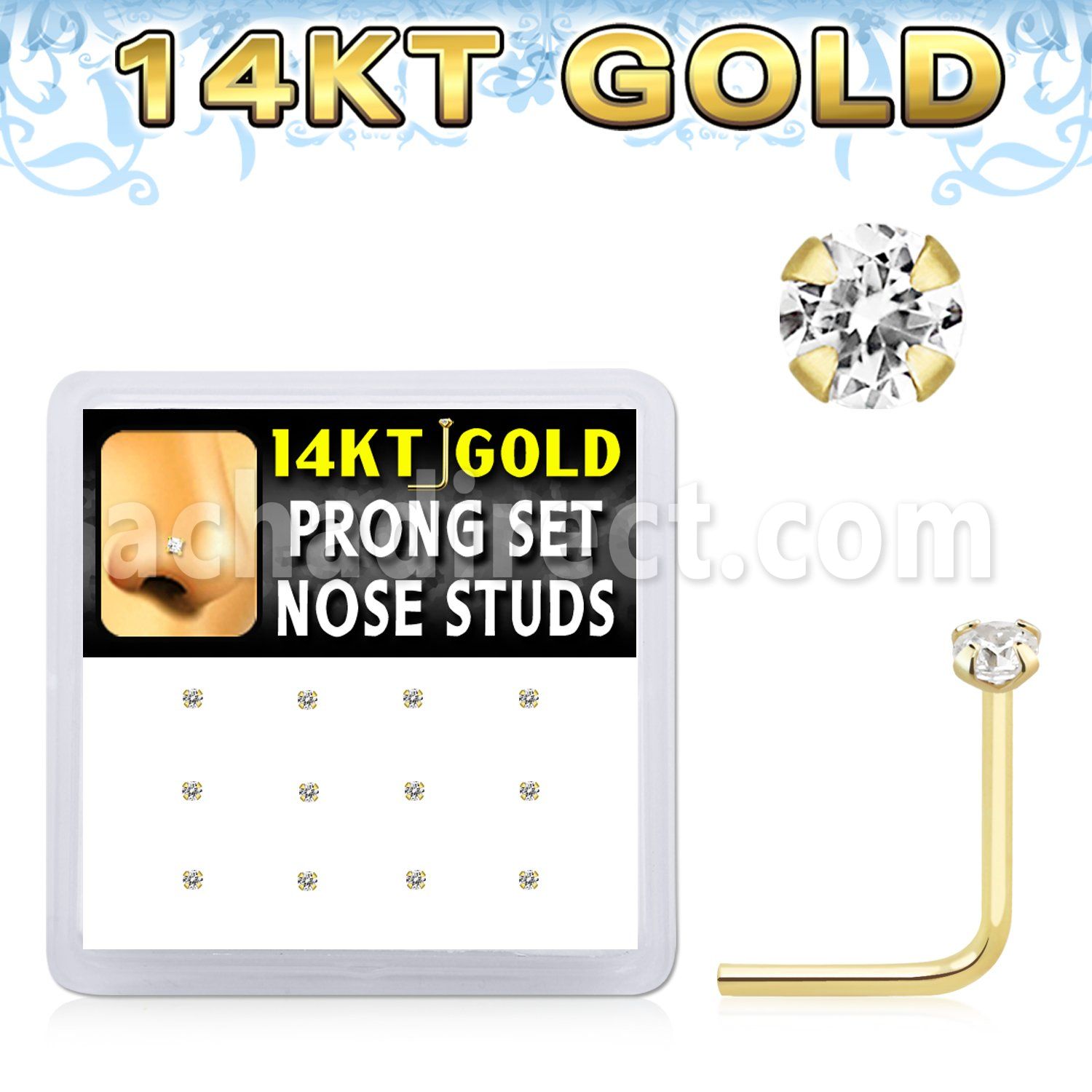 dgns7 14k gold nose studs 1.5mm clear cz prong 12pcs