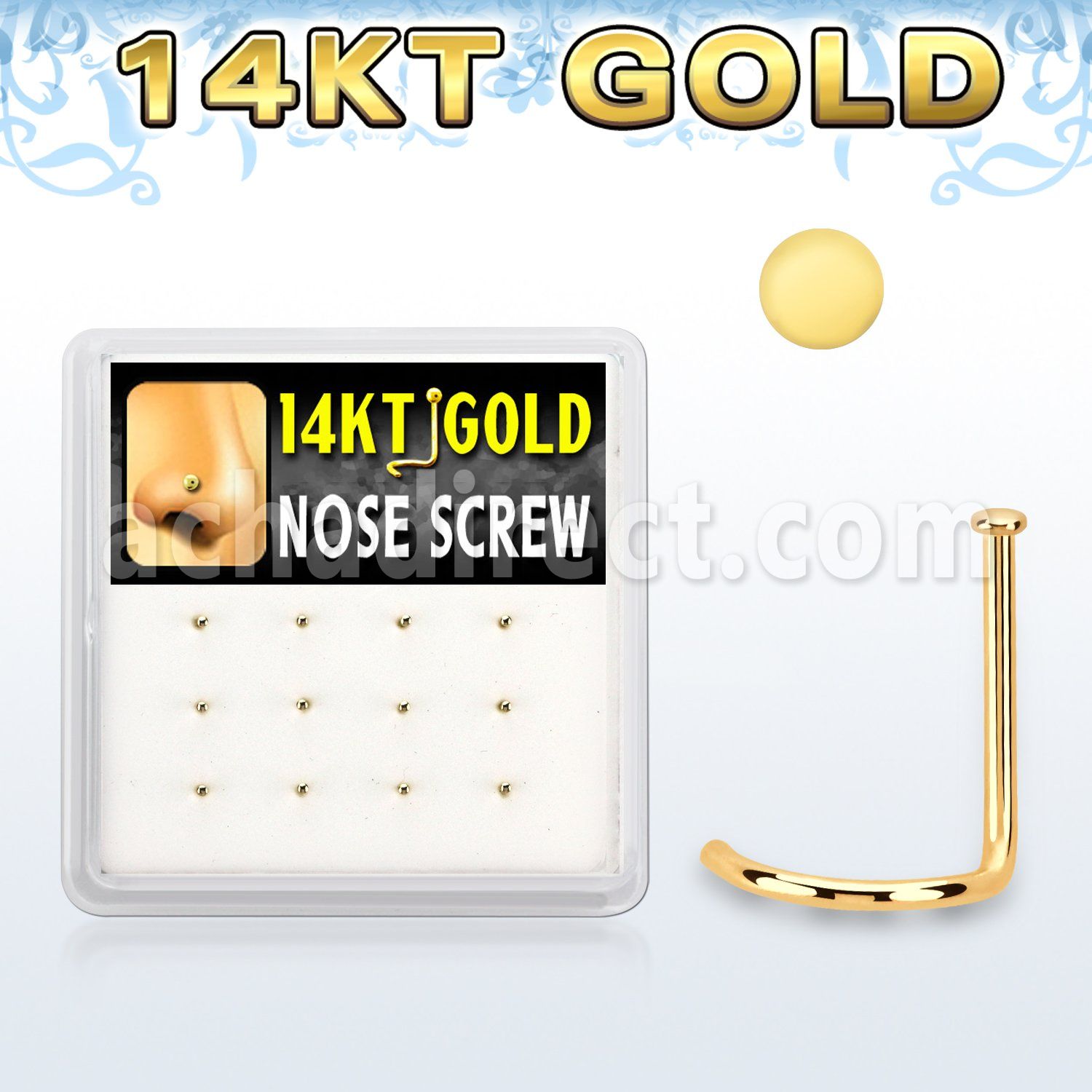 dgsc24 box w 12 14kt gold nose screws, 22g w round flat top