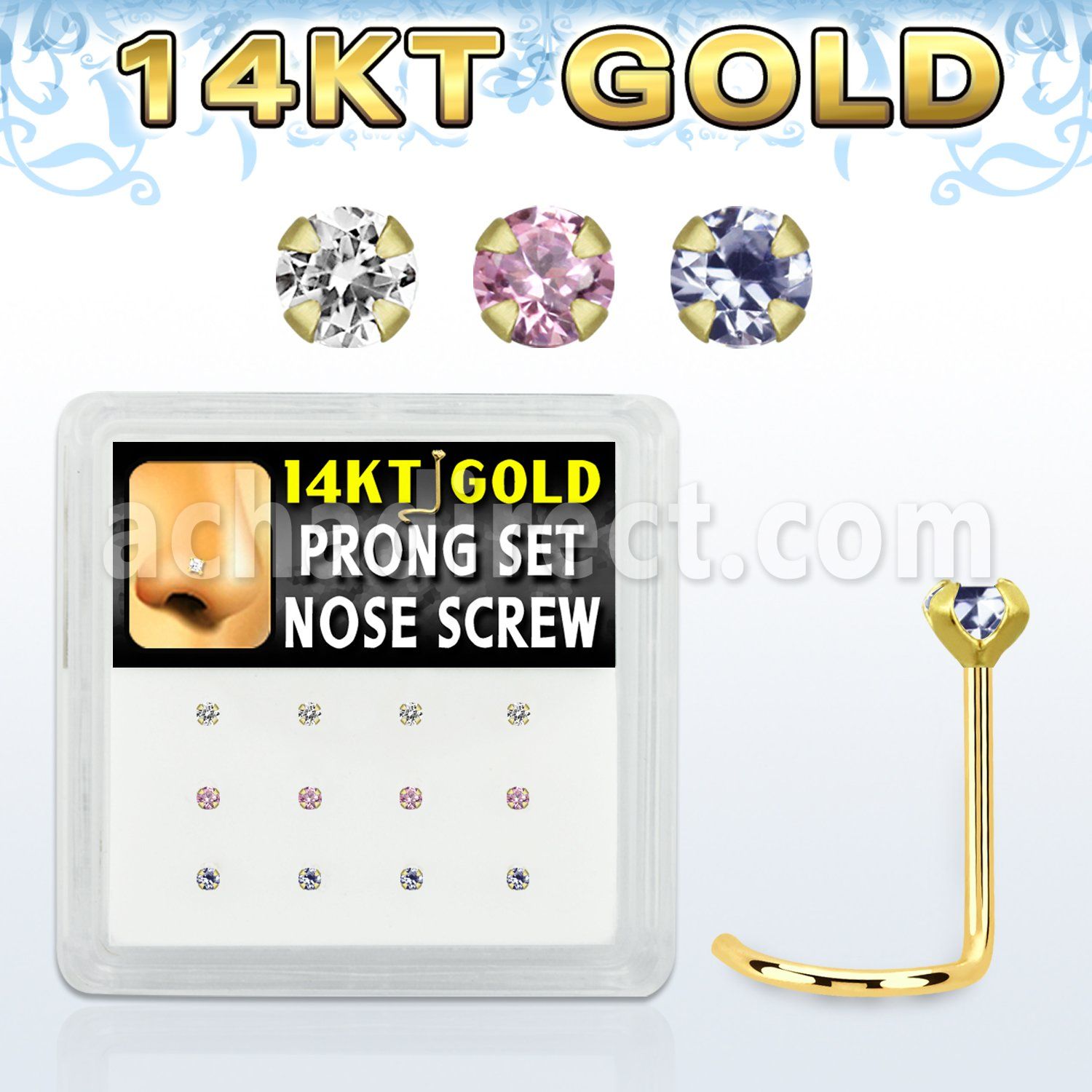 dgsc27 box w 14kt gold nose screw w prong set 2mm mix color czs