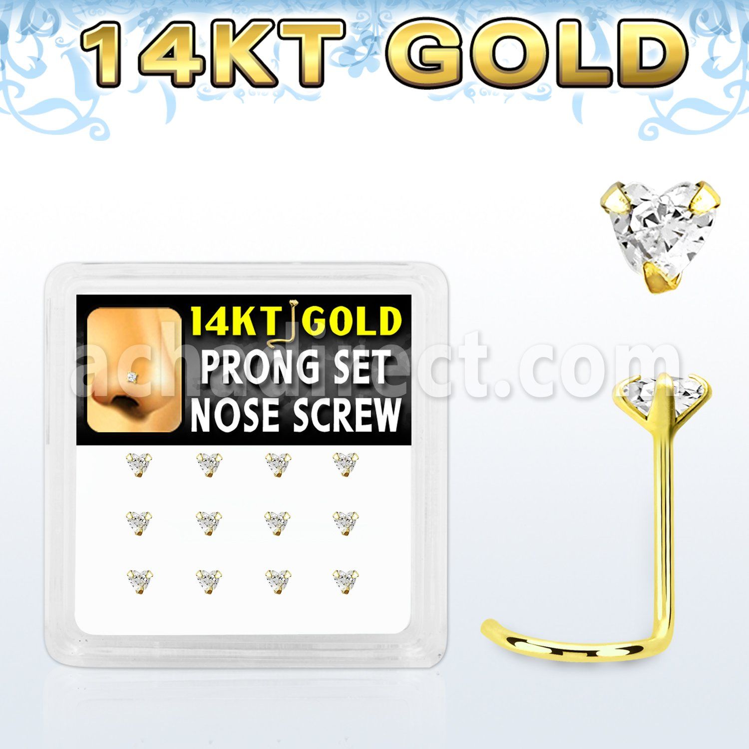 dgsc5 box w 14kt gold nose screws w prong set 3mm heart cz 