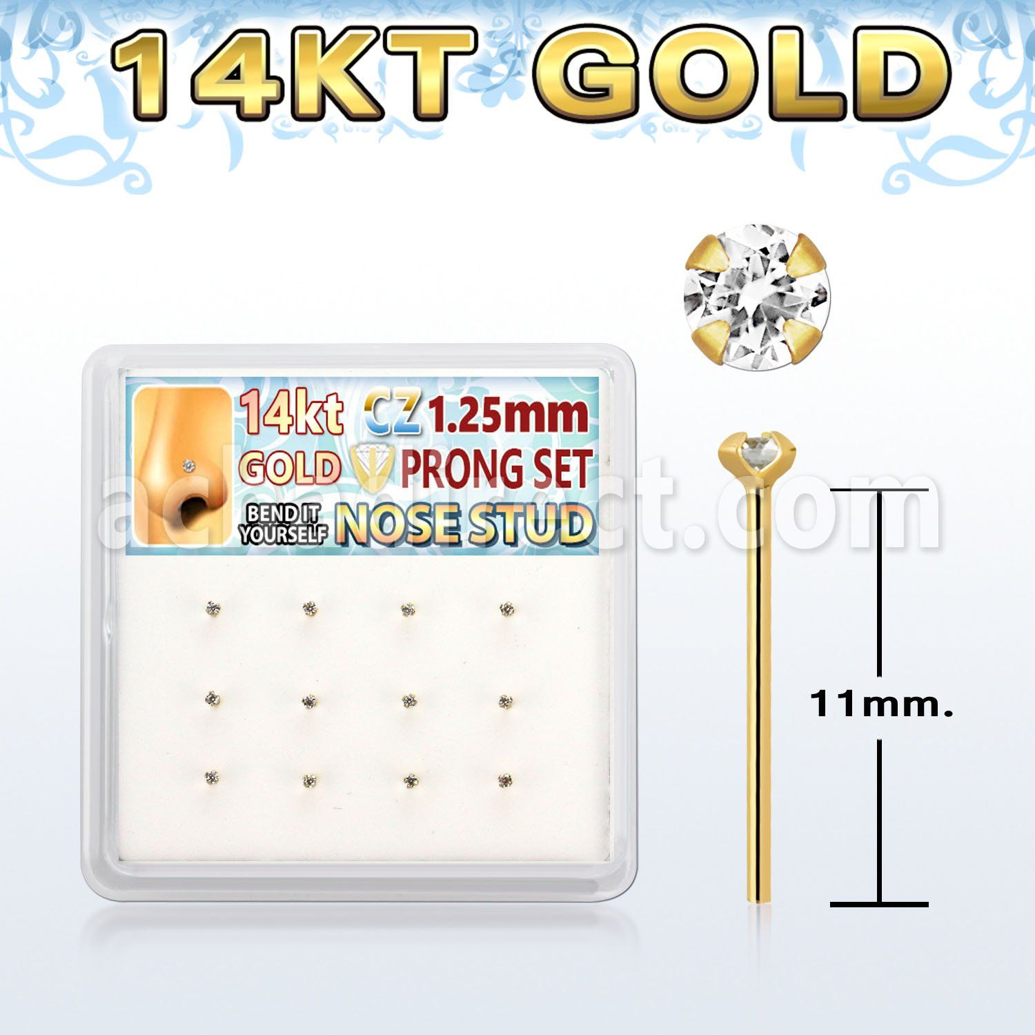dgys22 box w 14kt gold nose bend it nose stud w 1.2mm clear cz 