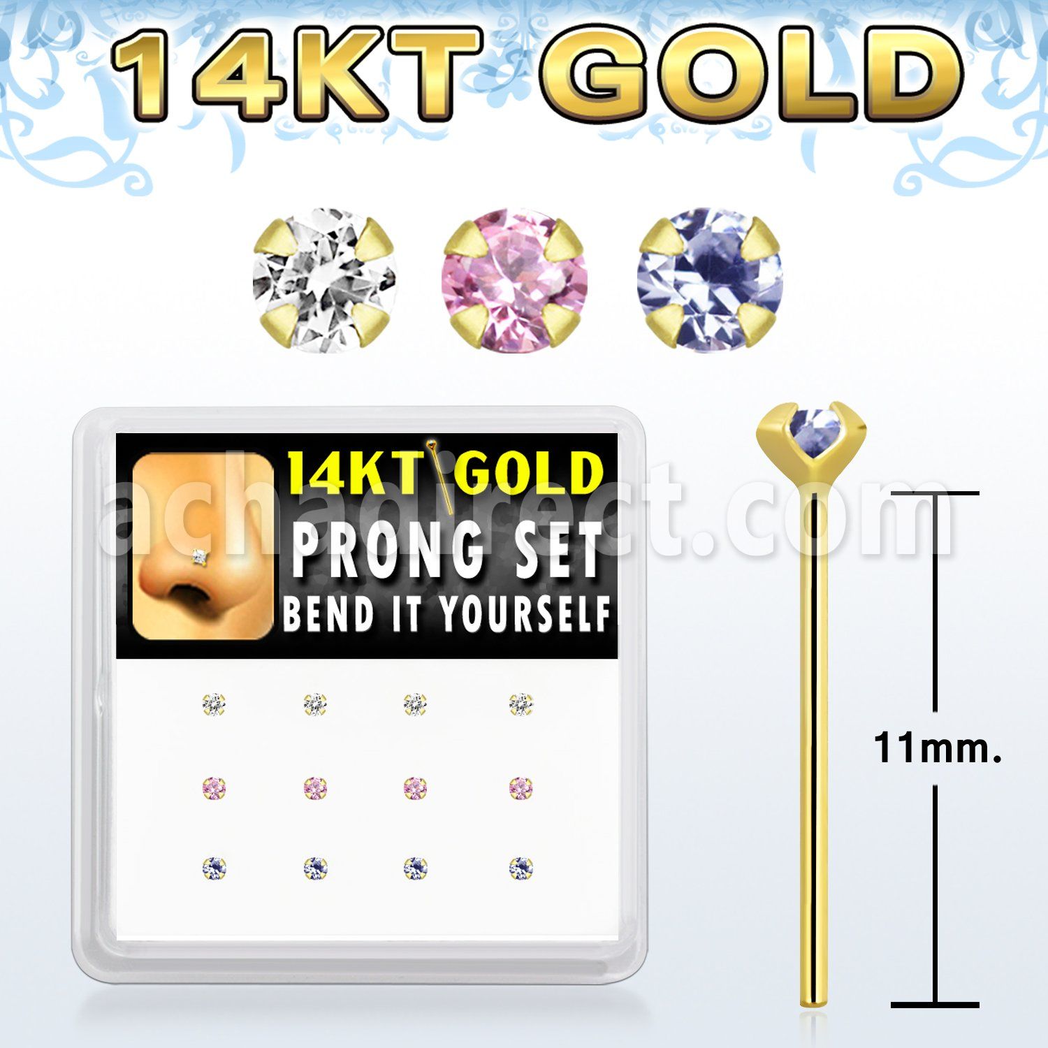 dgys27 box w 14kt gold bend it nose studs w prong set 2mm cz 