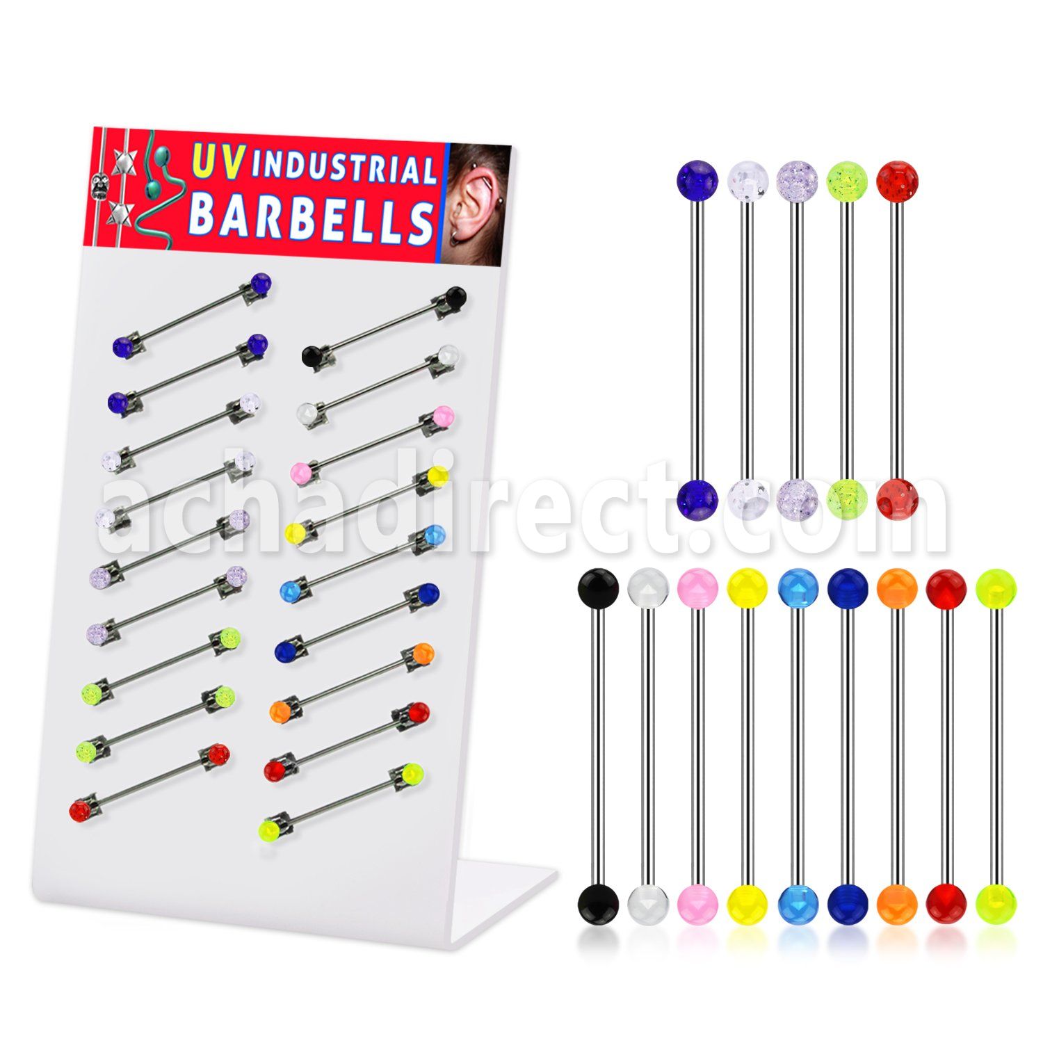 dind4 316l industrial barbell with acrylic uv glitter ball
