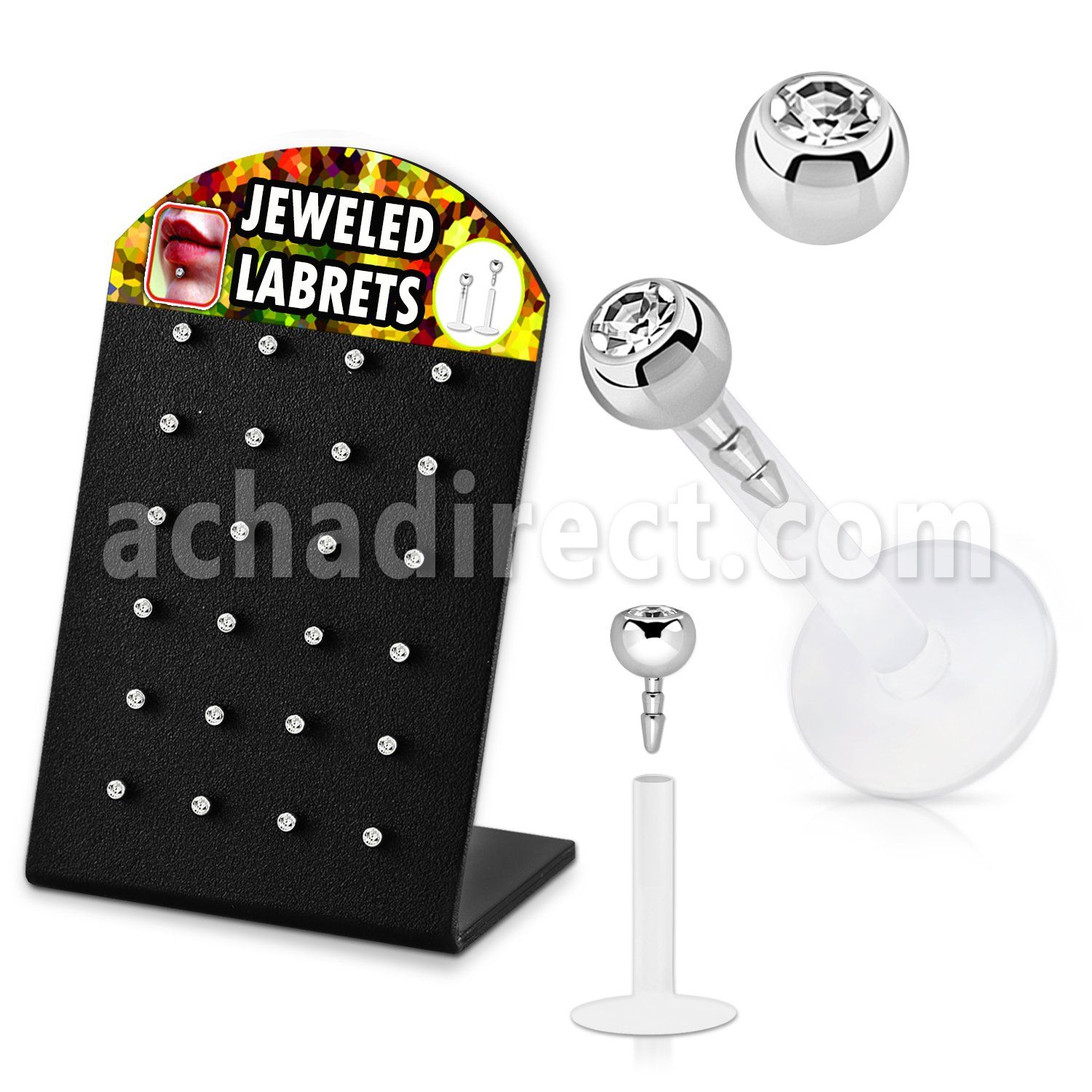 display w 24 bio flex labrets w 3mm clear jewel ball top 
