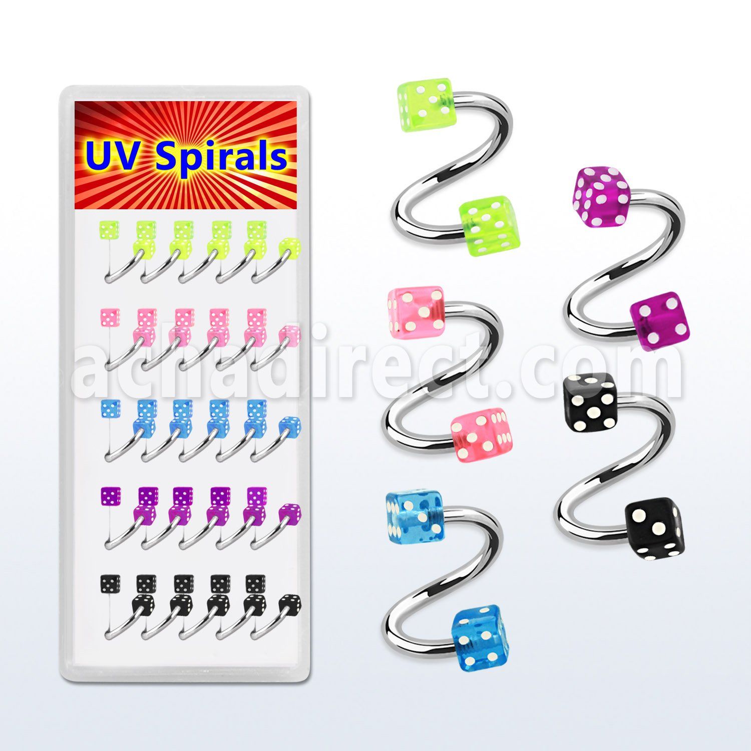 djspe4 316l steel eyebrow spiral with 3mm acrylic uv dice